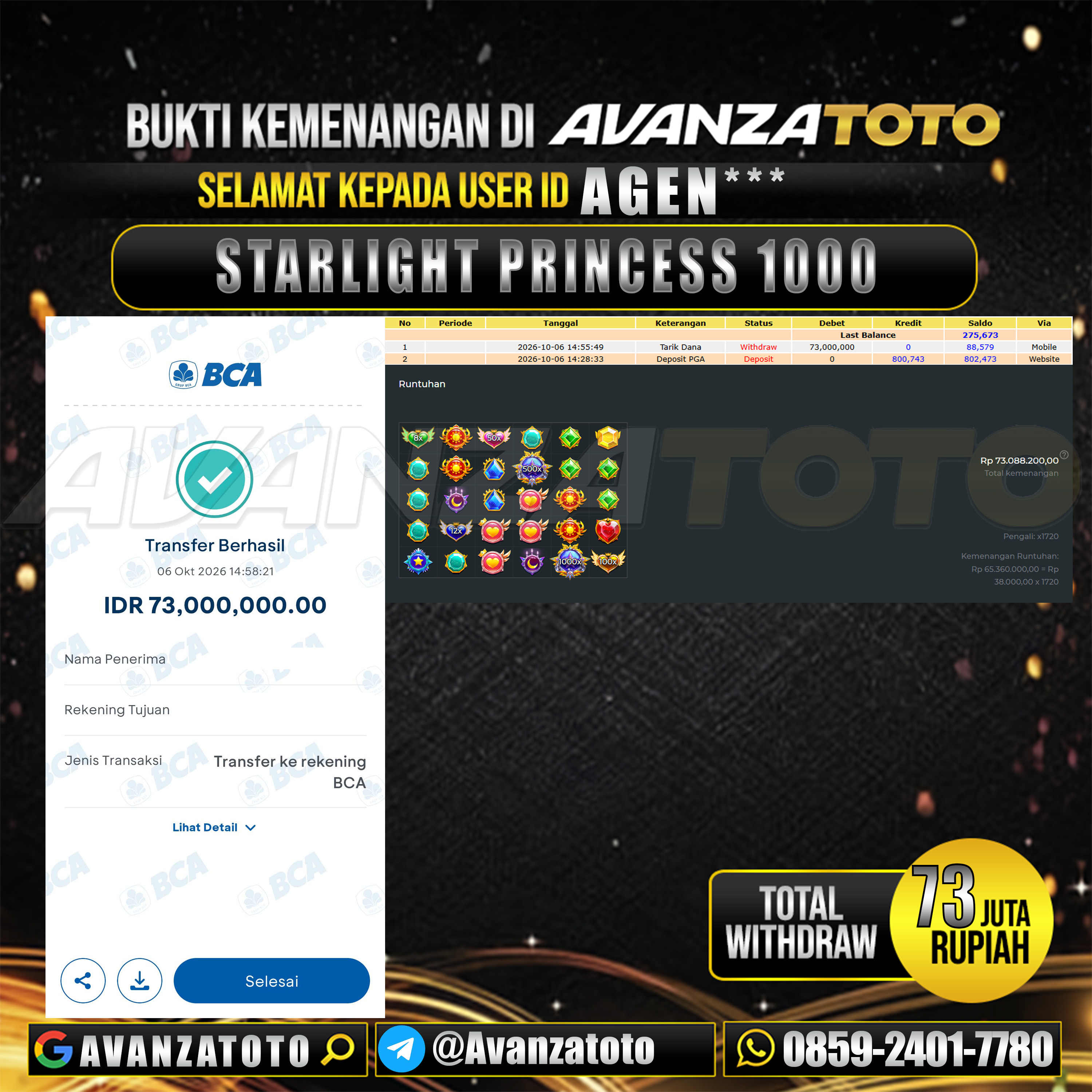 AVANZATOTO JACKPOT SLOT STARLIGHT PRINCESS 1000 Rp.73.000.000,-LUNAS USER ID : AGEN***