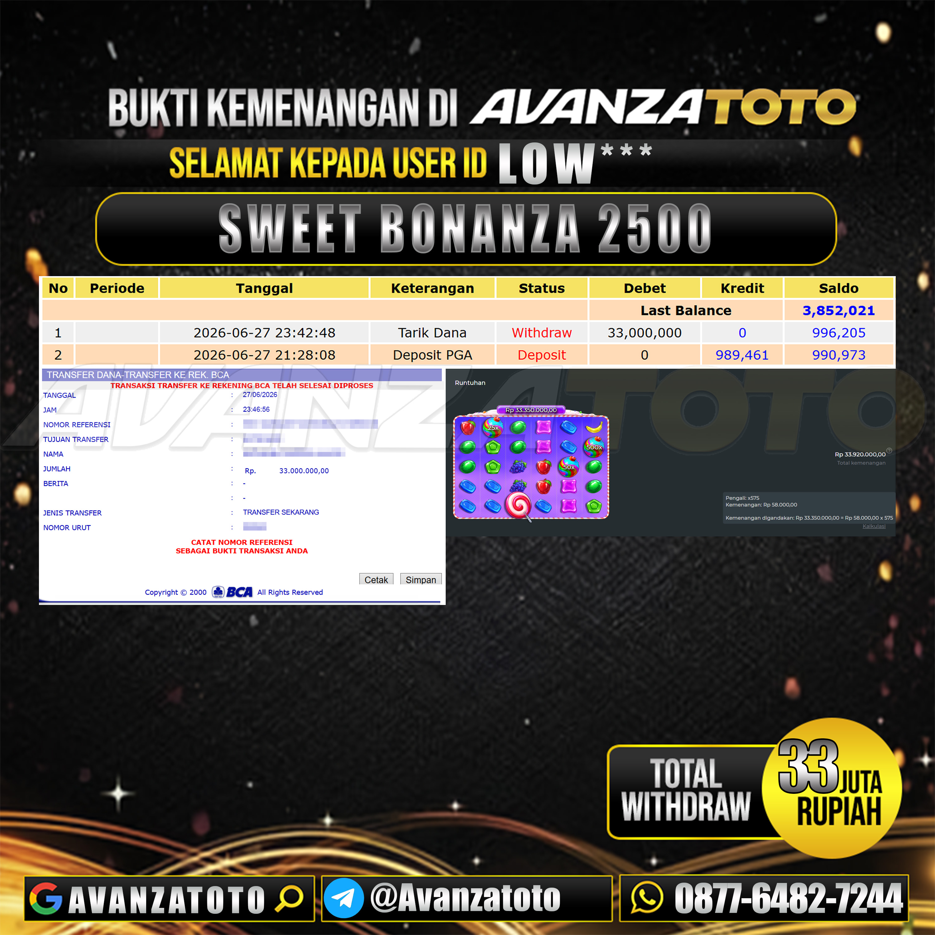 AVANZATOTO JACKPOT SLOT SWEET BONANZA 2500 Rp.33.000.000,-LUNAS USER ID : LOW***