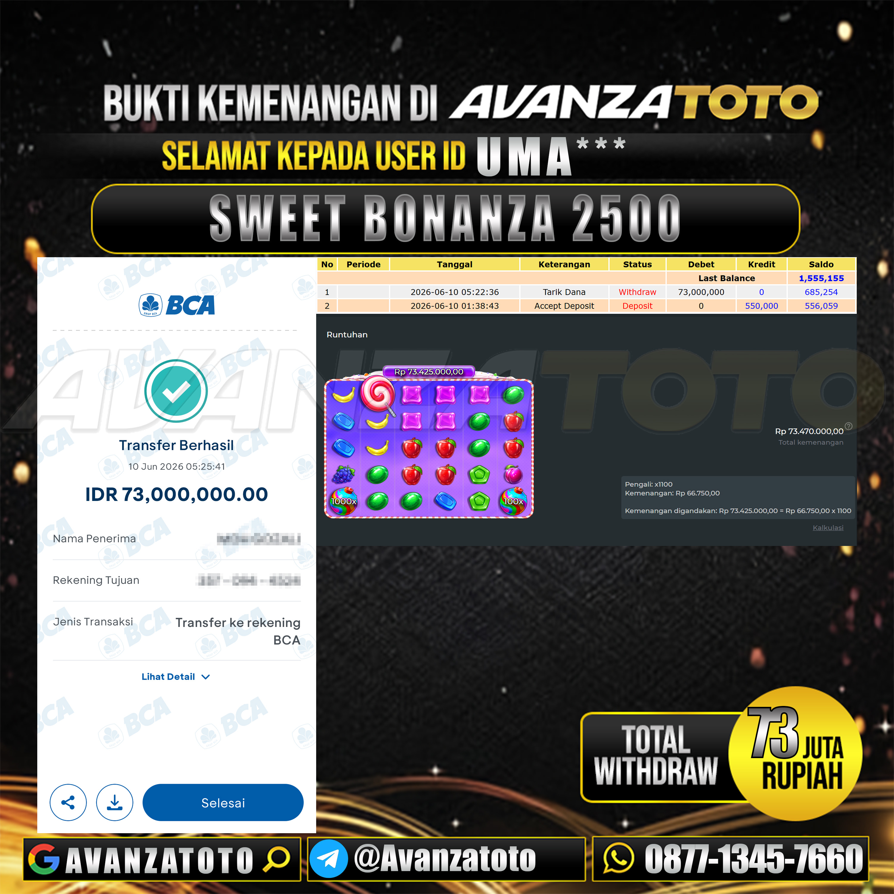 AVANZATOTO JACKPOT SLOT SWEET BONANZA 2500 Rp.73.000.000,-LUNAS USER ID : UMA***