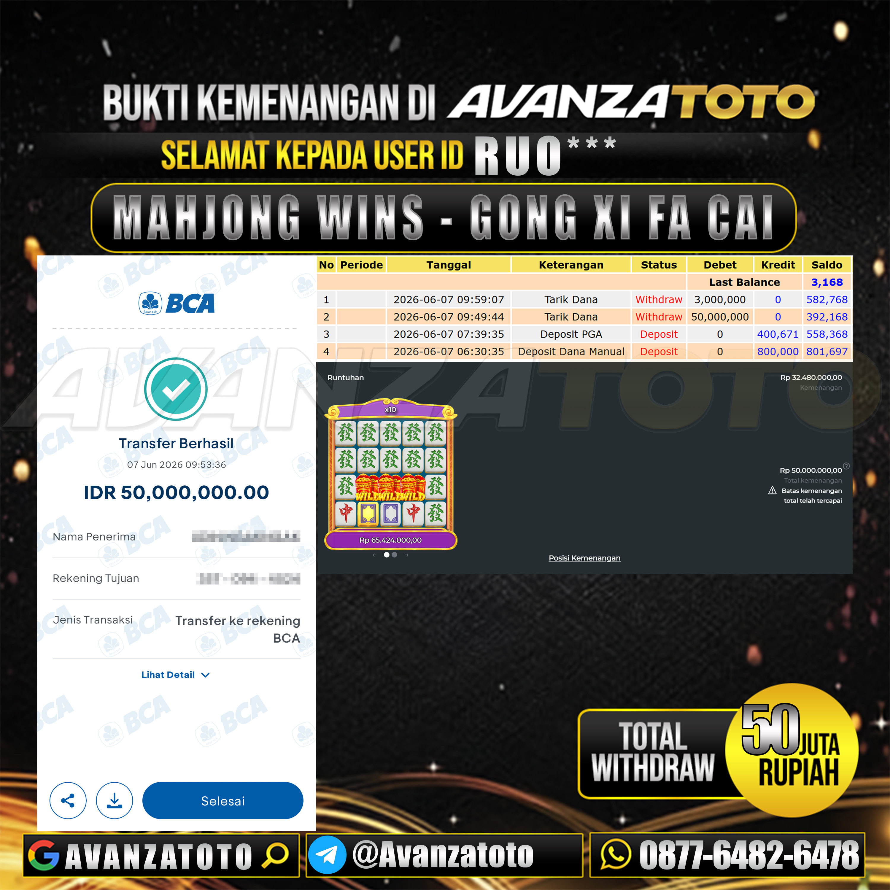 AVANZATOTO JACKPOT SLOT MAHJONG WINS - GONG XI FA CAI Rp.50.000.000,-LUNAS USER ID : RUO***