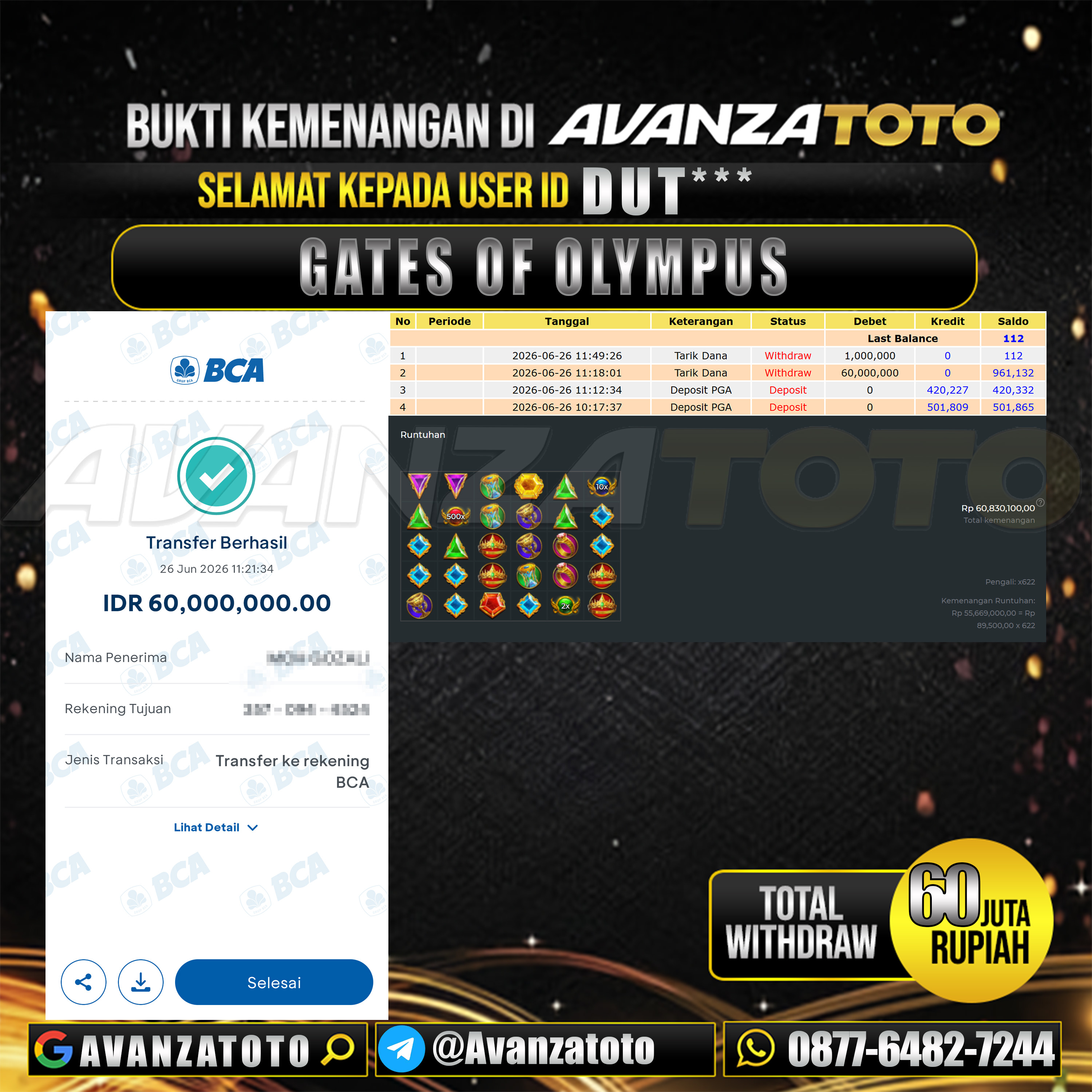 AVANZATOTO JACKPOT SLOT GATES OF OLYMPUS Rp.60.000.000,-LUNAS USER ID : DUT***