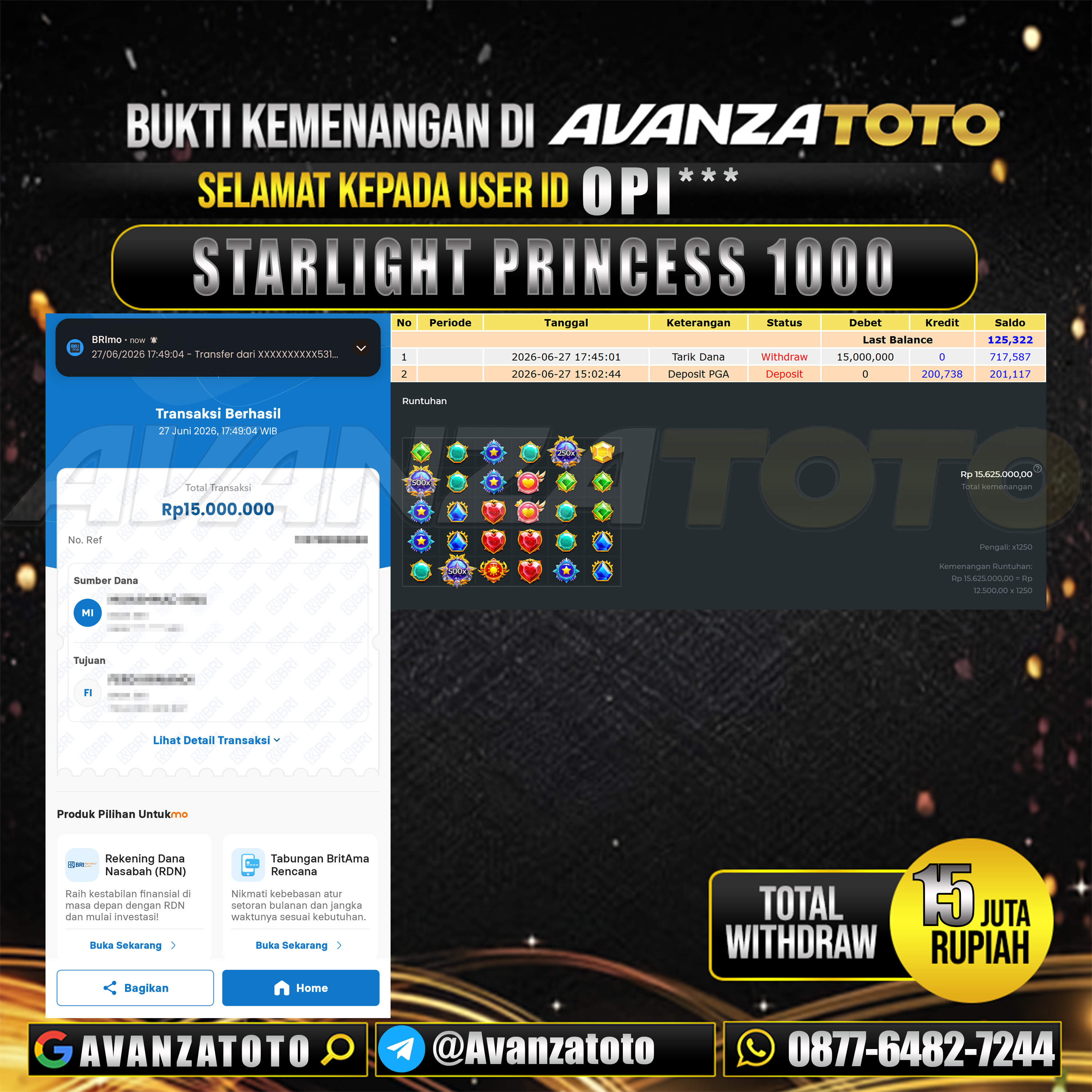 AVANZATOTO JACKPOT SLOT STARLIGHT PRINCESS 1000 Rp.15.000.000,-LUNAS USER ID : OPI***