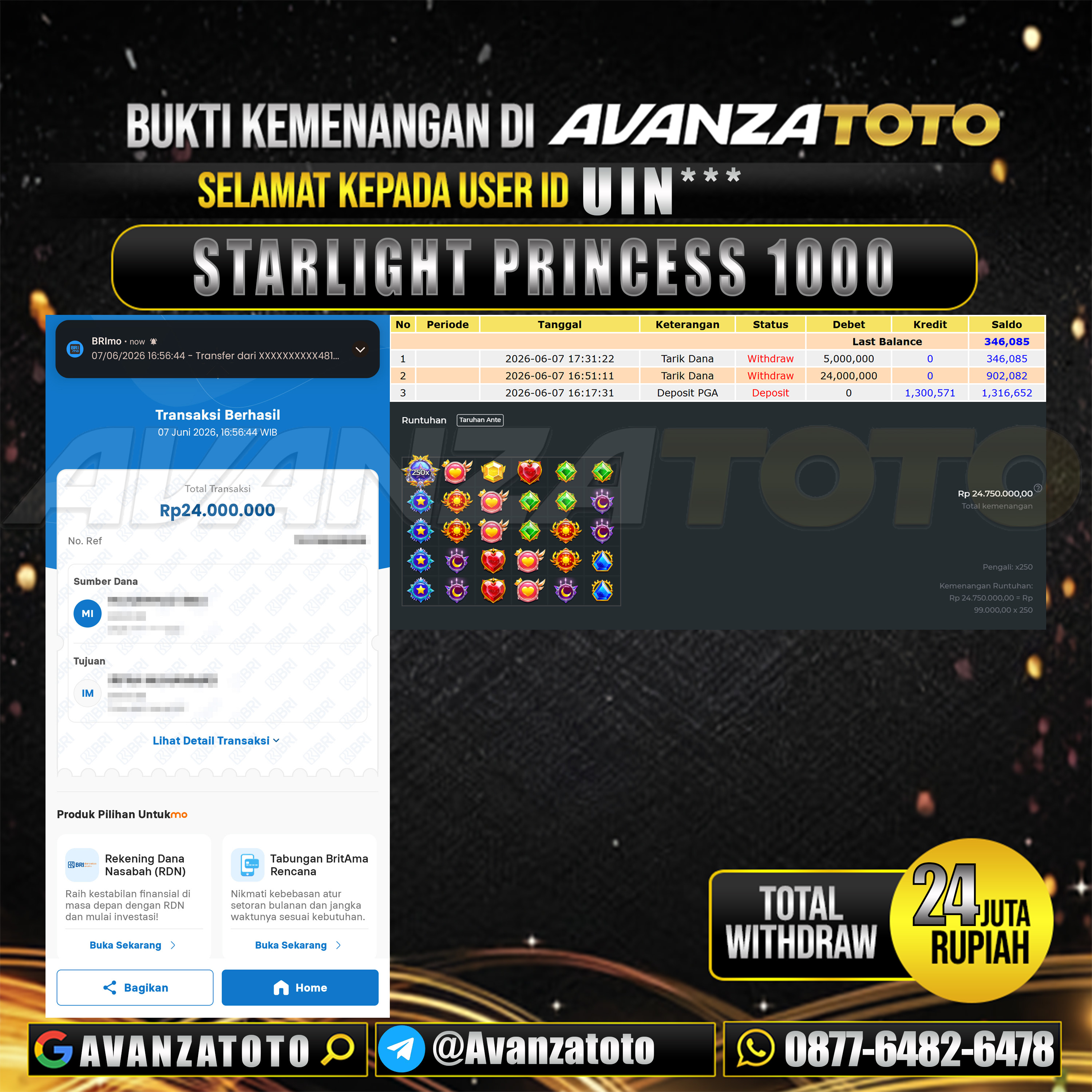 AVANZATOTO JACKPOT SLOT STARLIGHT PRINCESS 1000 Rp.24.000.000,-LUNAS USER ID : UIN***