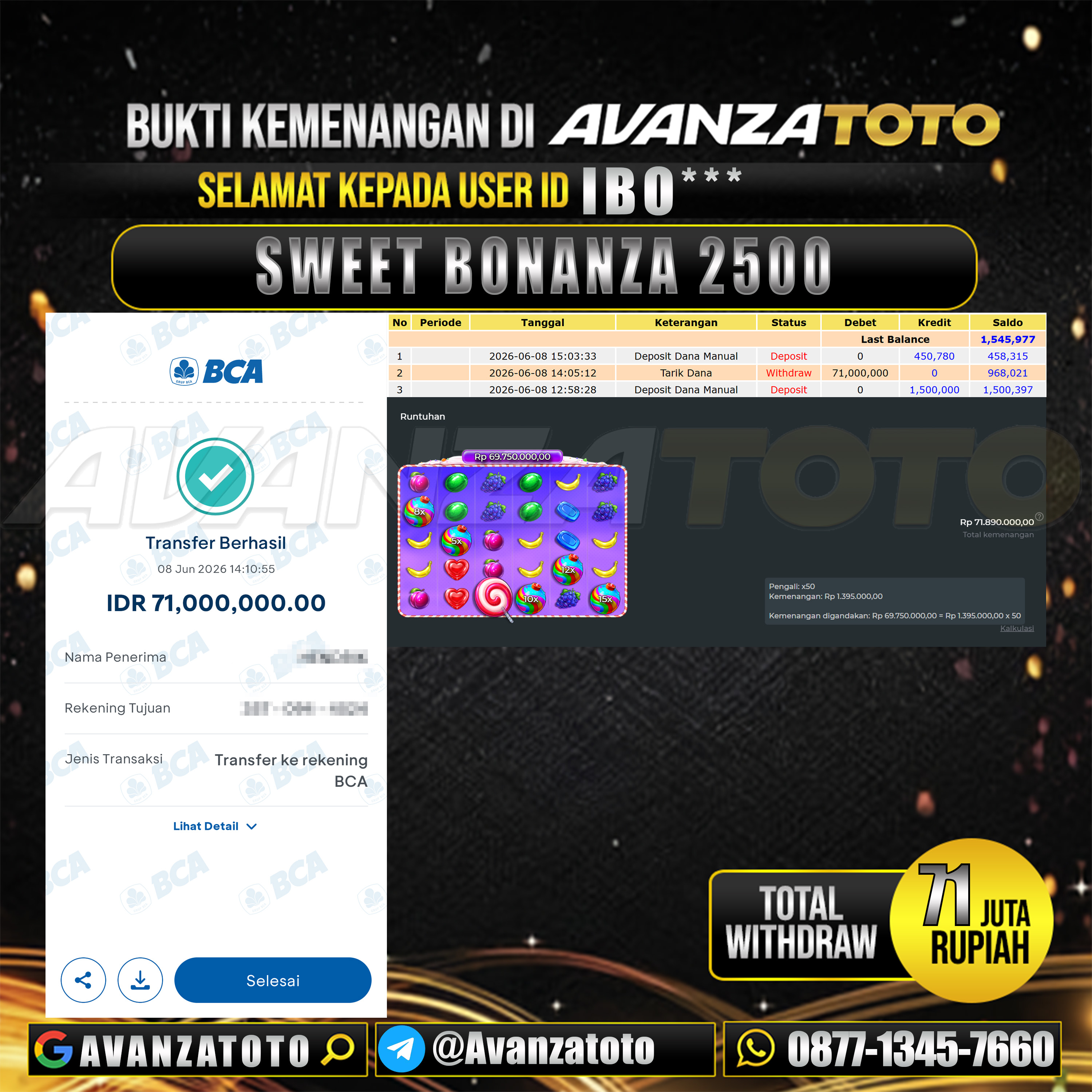 AVANZATOTO JACKPOT SLOT SWEET BONANZA 2500 Rp.71.000.000,-LUNAS USER ID : IBO***