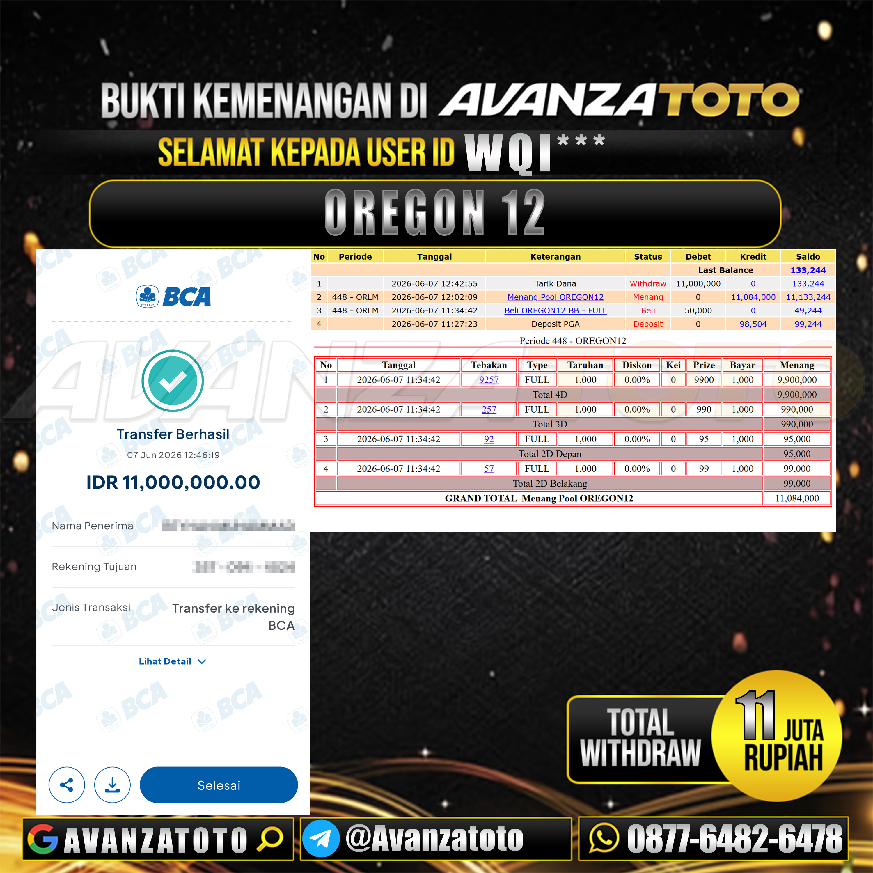 AVANZATOTO JACKPOT TOGEL PASARAN OREGON 12 Rp.11.000.000,-LUNAS USER ID : WQI***