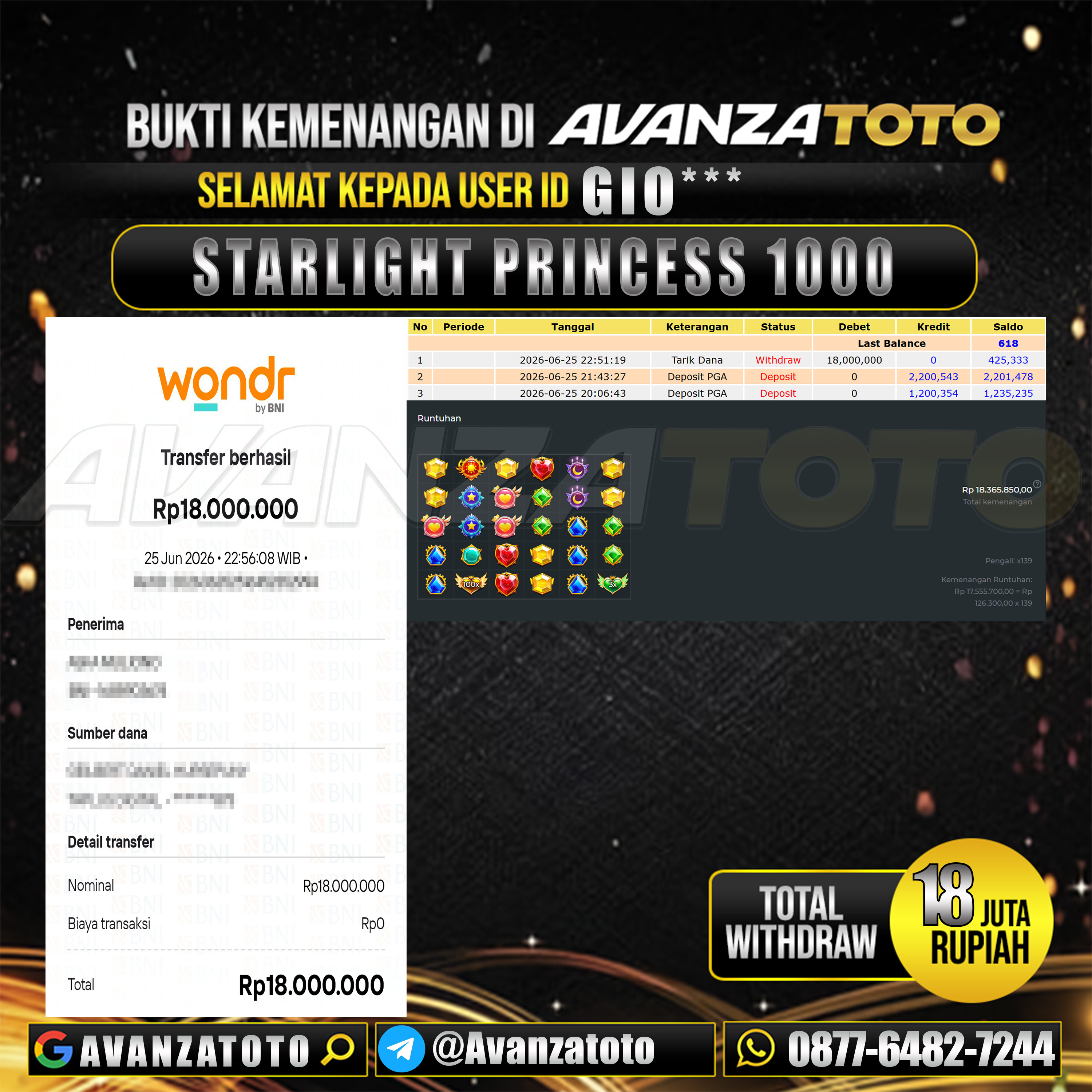 AVANZATOTO JACKPOT SLOT STARLIGHT PRINCESS 1000 Rp.18.000.000,-LUNAS USER ID : GIO***