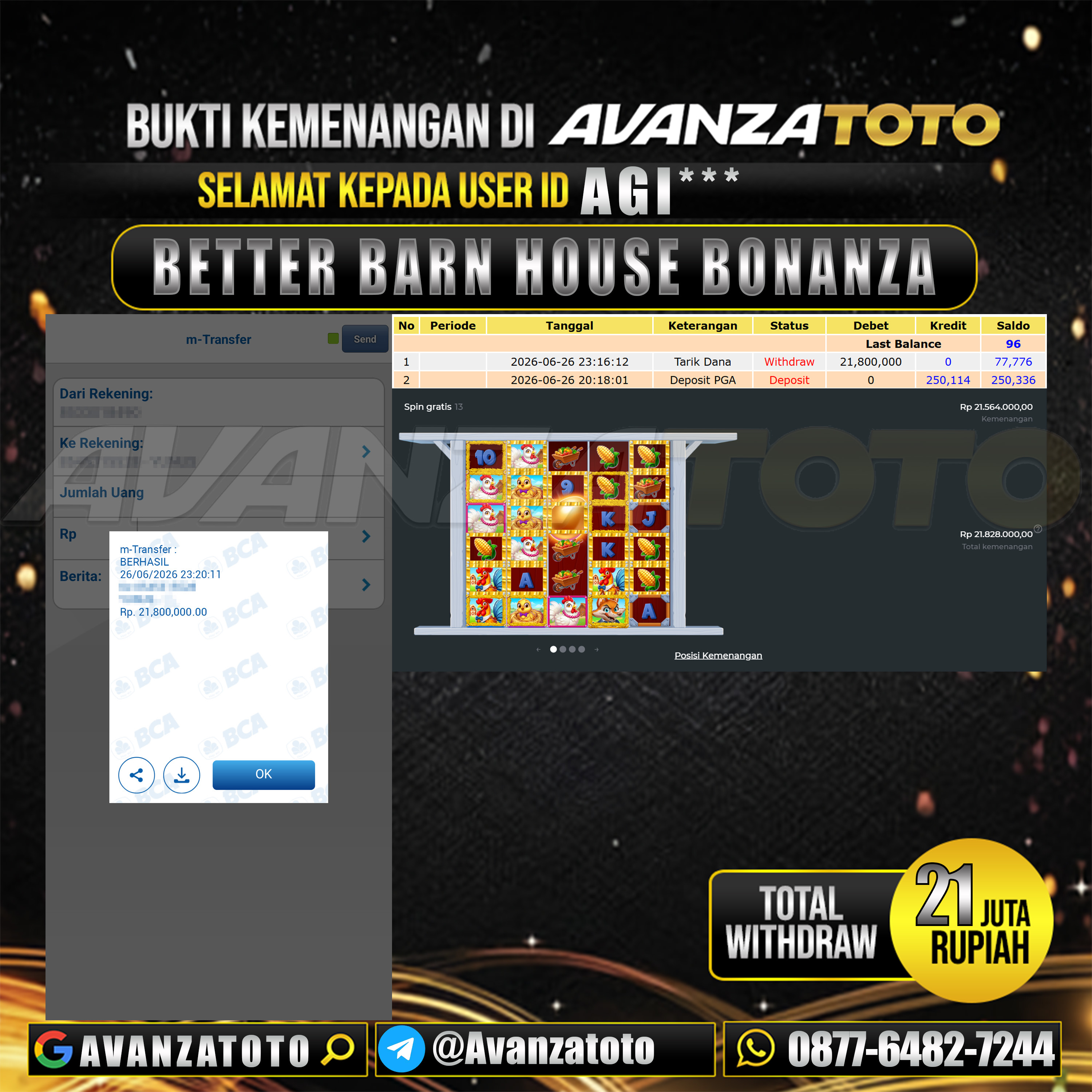 AVANZATOTO JACKPOT SLOT BETTER BARN HOUSE BONANZA Rp.21.000.000,-LUNAS USER ID : AGI***