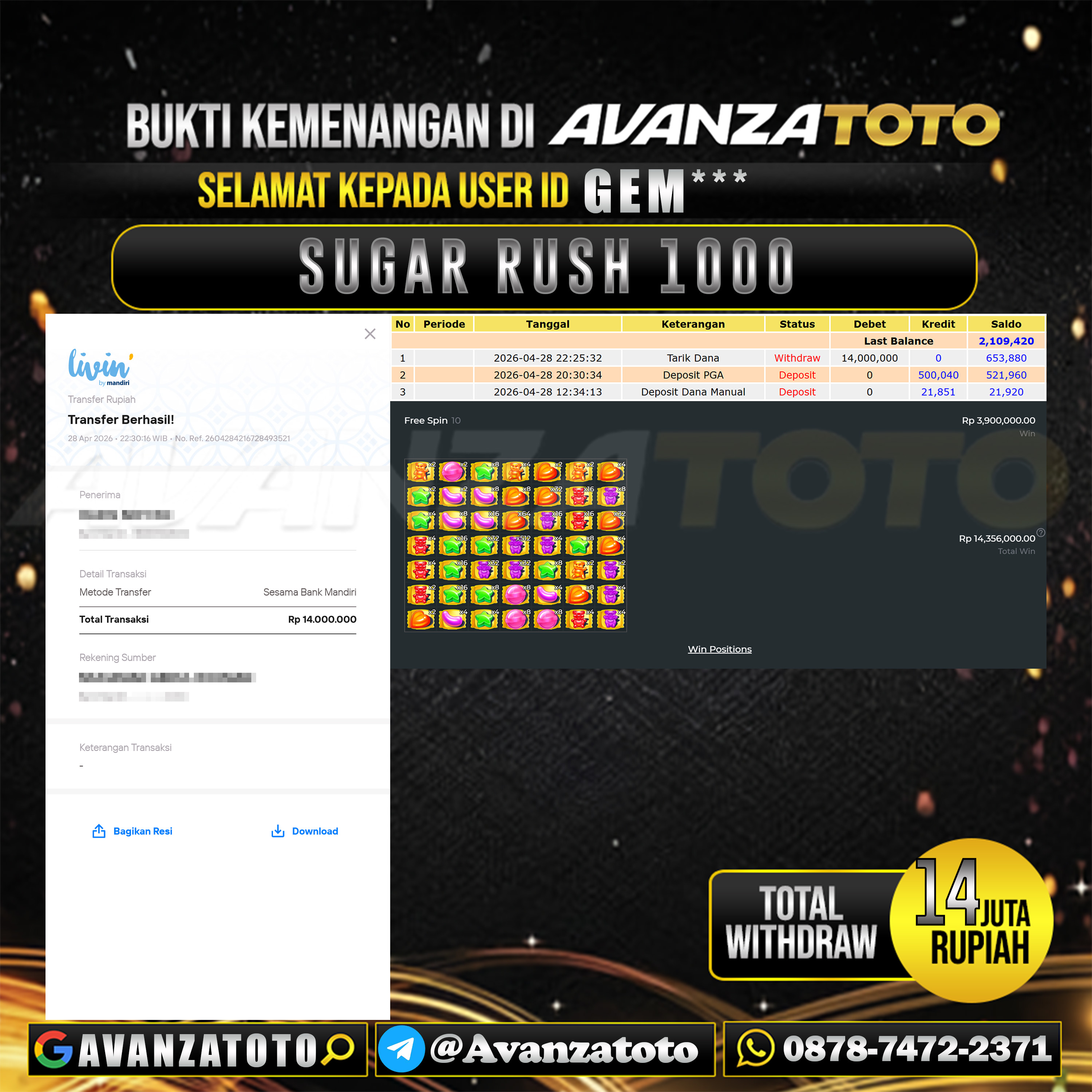 AVANZATOTO JACKPOT SLOT SUGAR RUSH 1000 Rp.14.000.000,-LUNAS USER ID : GEM*** 