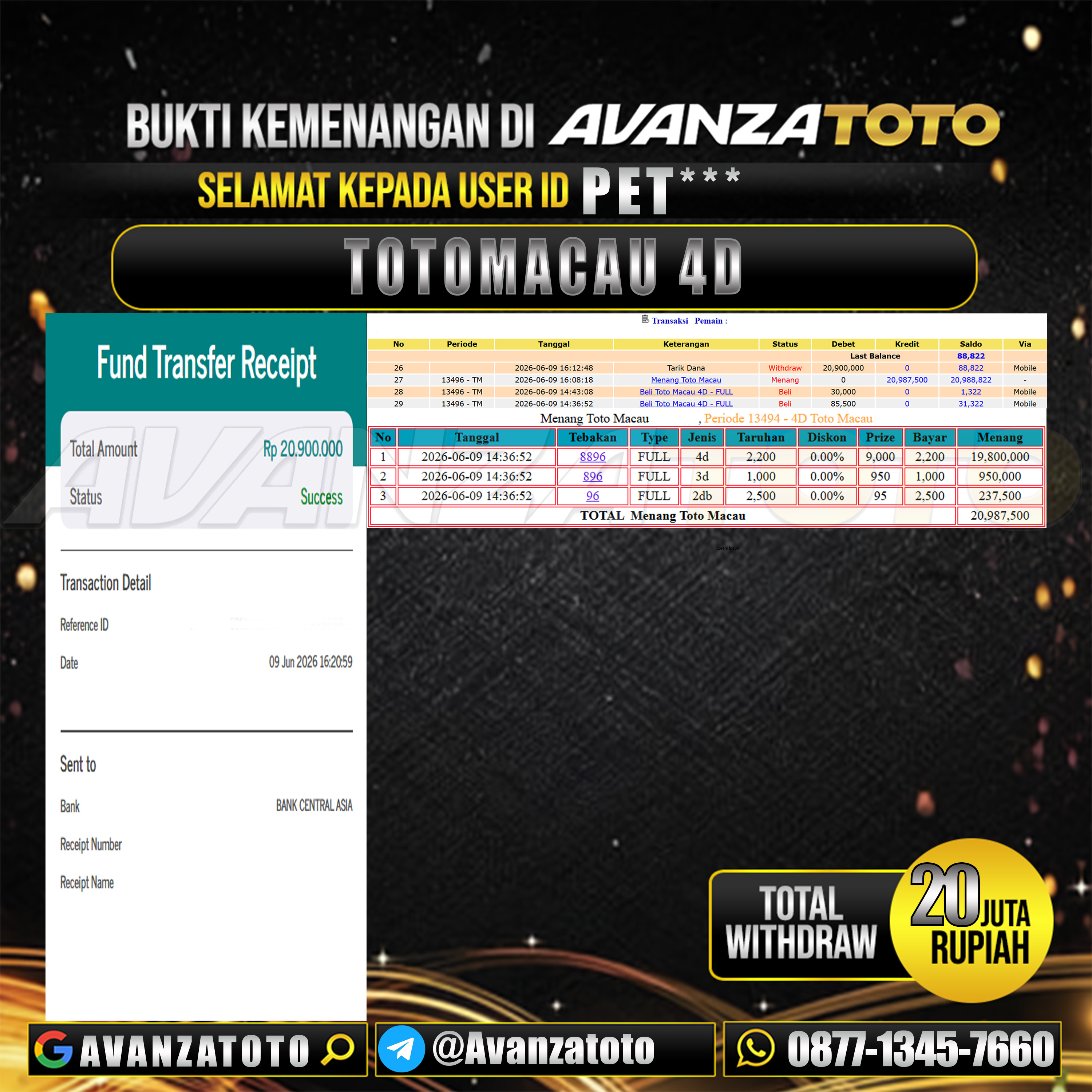 AVANZATOTO JACKPOT TOGEL PASARAN TOTOMACAU 4D Rp.20.000.000,-LUNAS USER ID  : PET***