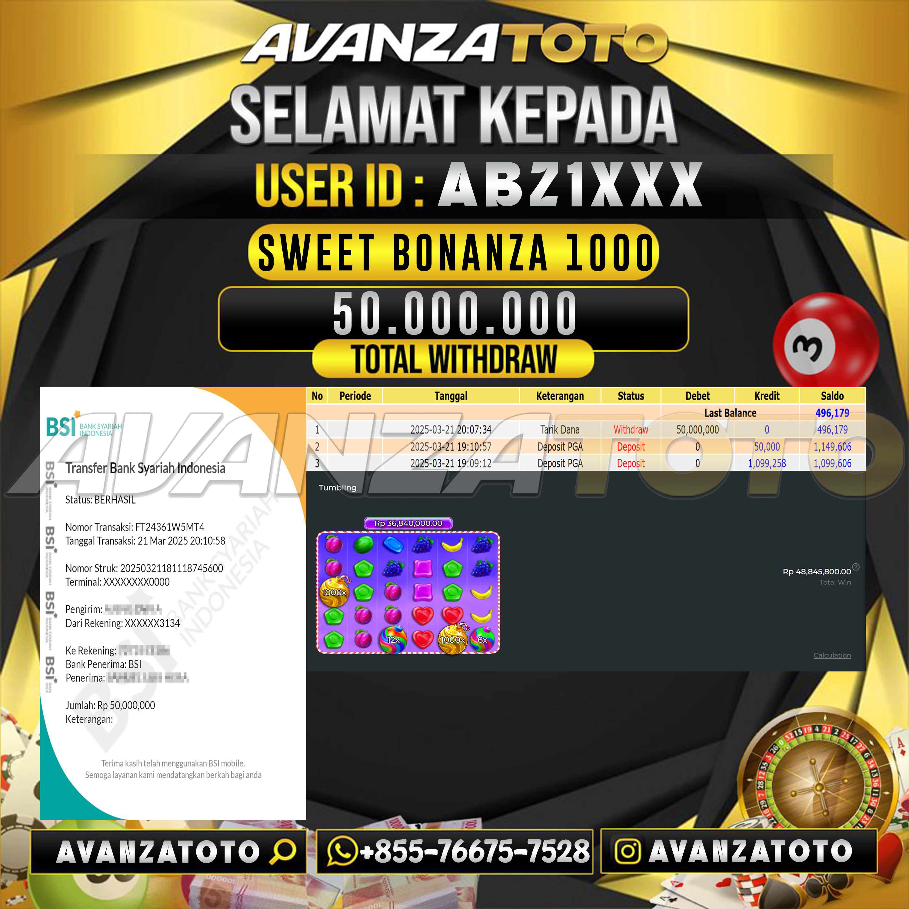 AVANZATOTO JACKPOT  SLOT SWEET BONANZA 1000 Rp. 50.000.000 ,-LUNAS USER ID: ABZ1***