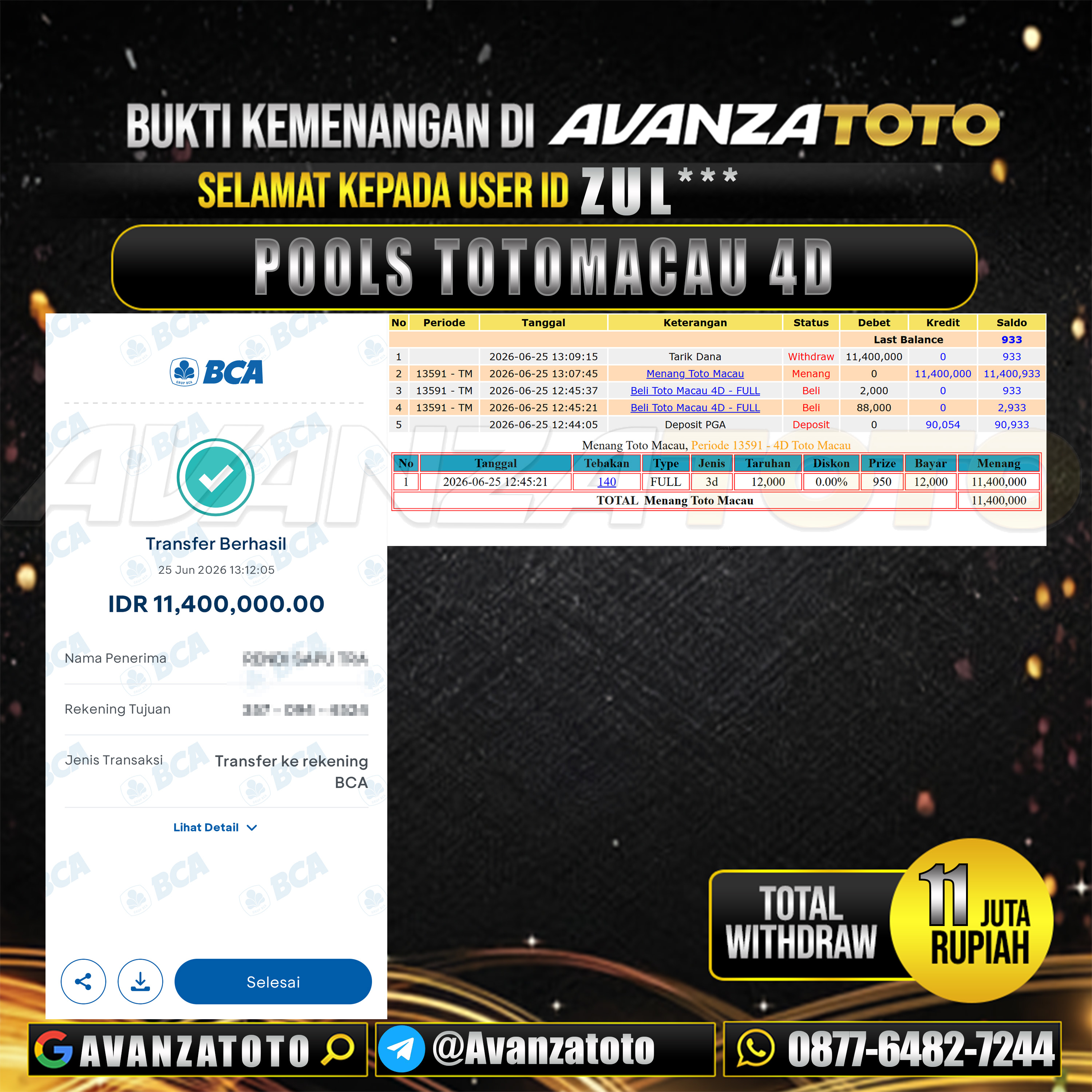 AVANZATOTO JACKPOT TOGEL PASARAN TOTOMACAU 4D Rp.11.000.000,-LUNAS USER ID : ZUL***