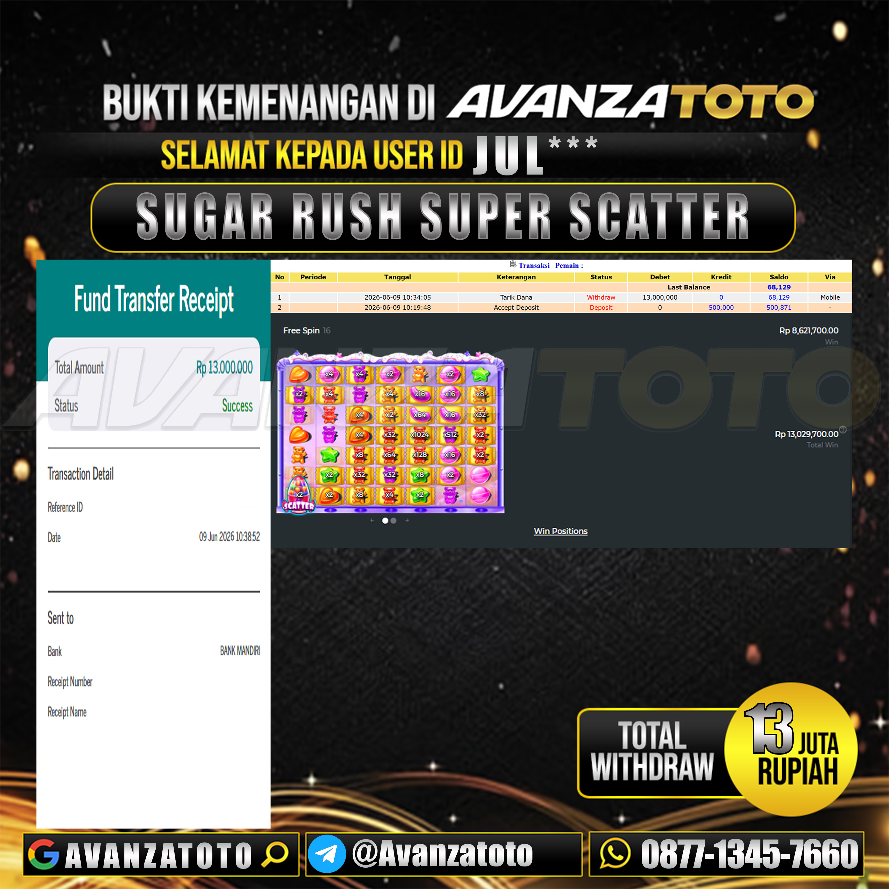 AVANZATOTO JACKPOT SLOT SUGAR RUSH SUPER SCATTER Rp.13.000.000,-LUNAS USER ID : JUL***