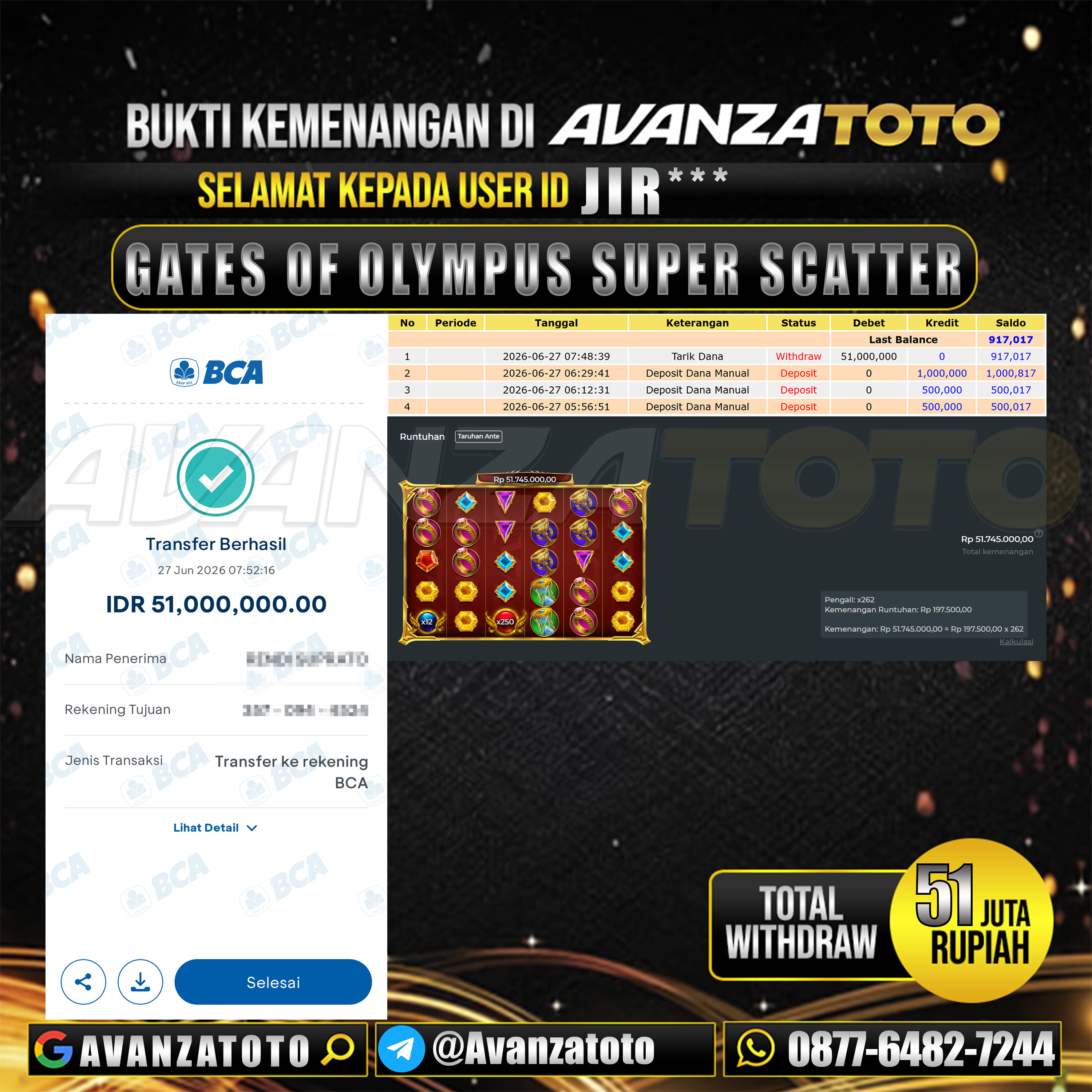 AVANZATOTO JACKPOT SLOT GATES OF OLYMPUS SUPER SCATTER Rp.51.000.000,-LUNAS USER ID : JIR***