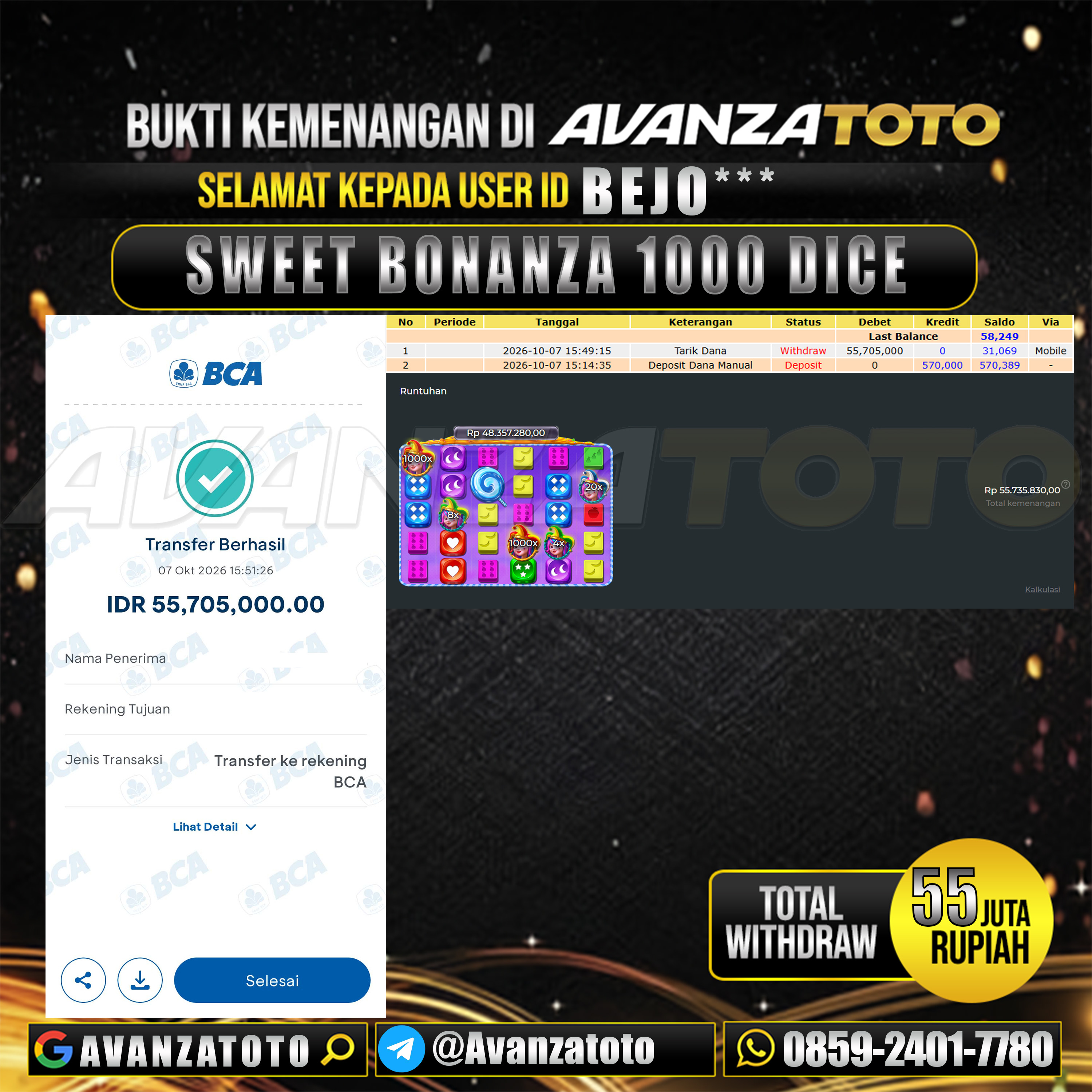 AVANZATOTO JACKPOT SLOT SWEET BONANZA 1000 DICE Rp.55.000.000,-LUNAS USER ID : BEJO***