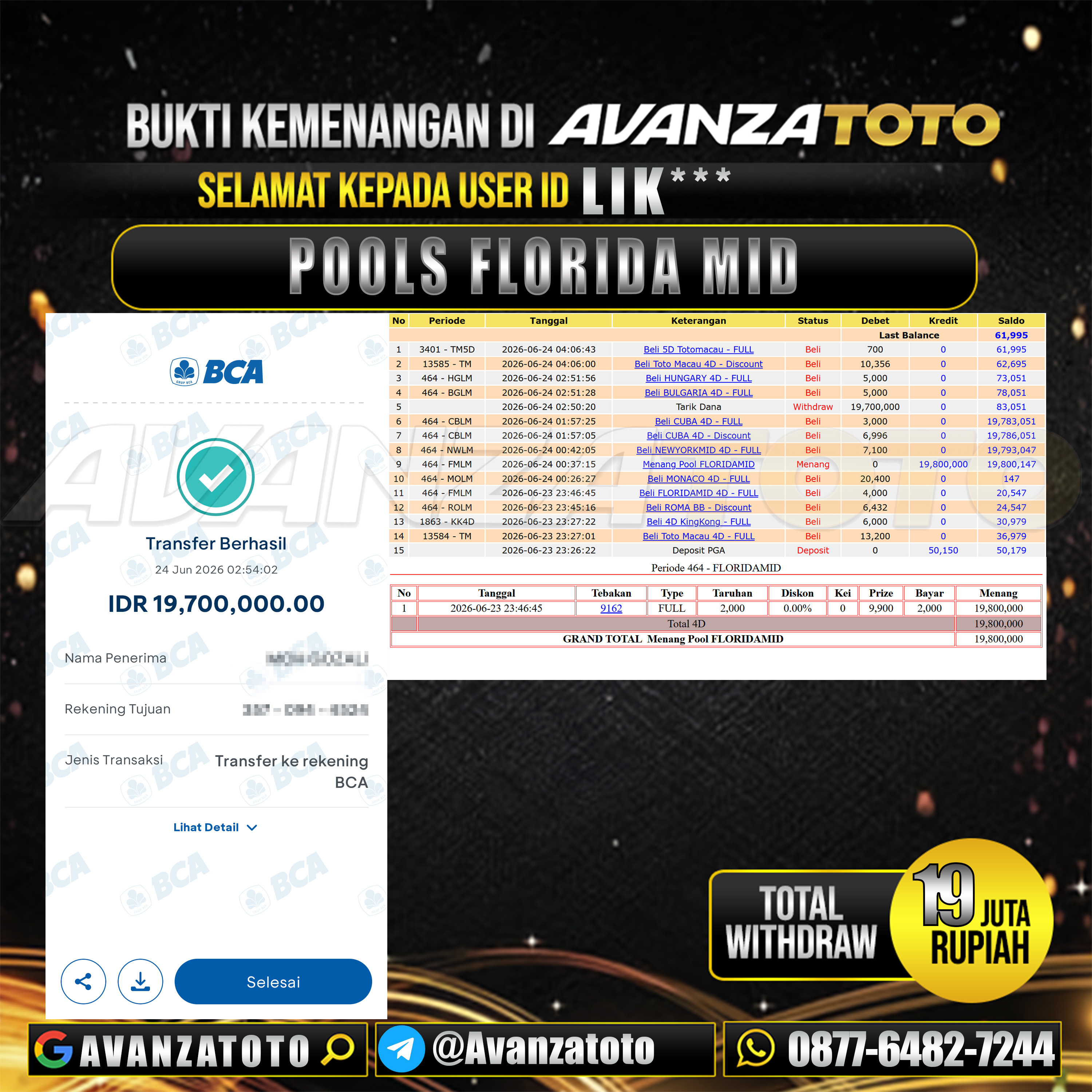 AVANZATOTO JACKPOT TOGEL PASARAN FLORIDA MID Rp.19.000.000,-LUNAS USER ID : LIK***