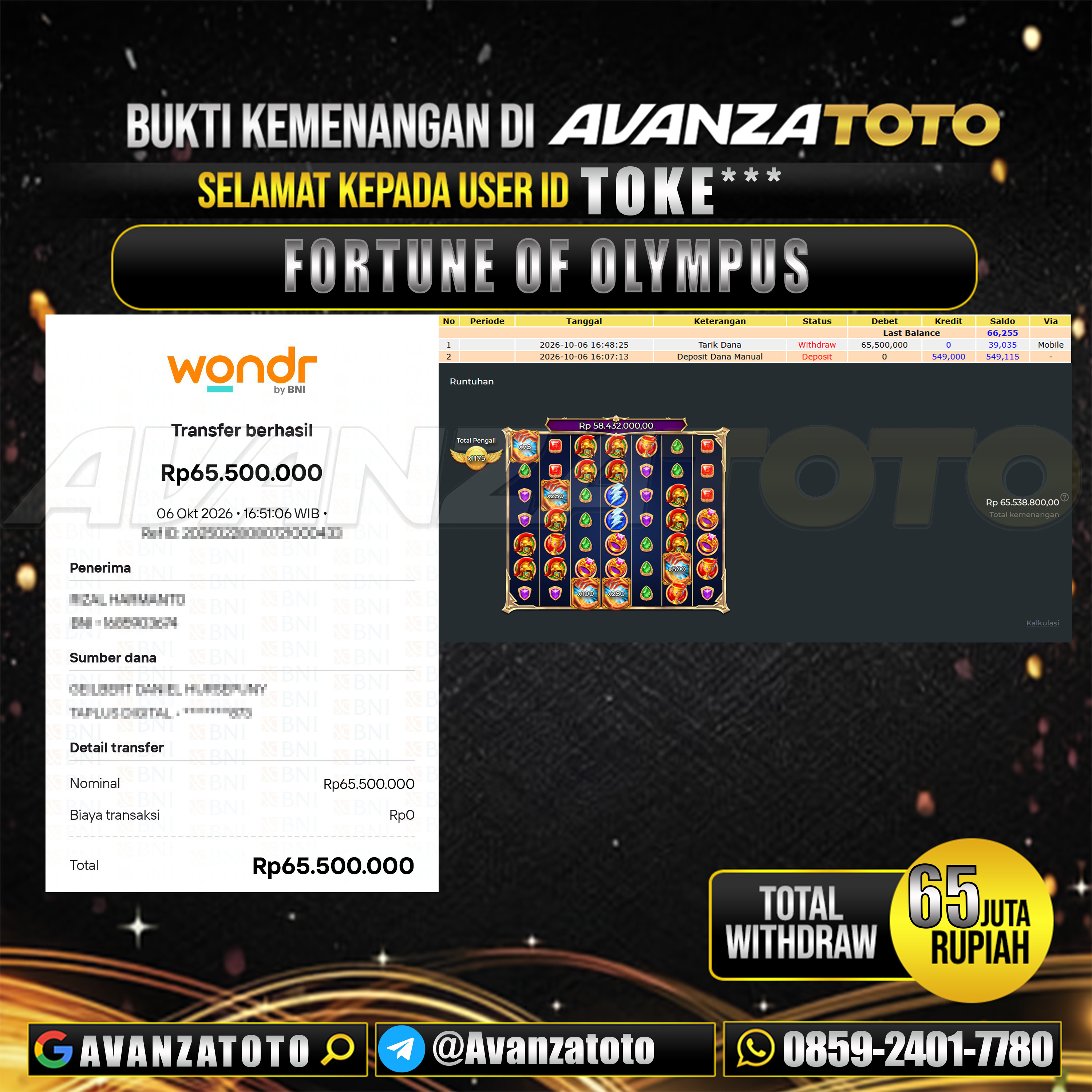 AVANZATOTO JACKPOT SLOT FORTUNE OF OLYMPUS Rp.65.000.000,-LUNAS USER ID : TOKE***