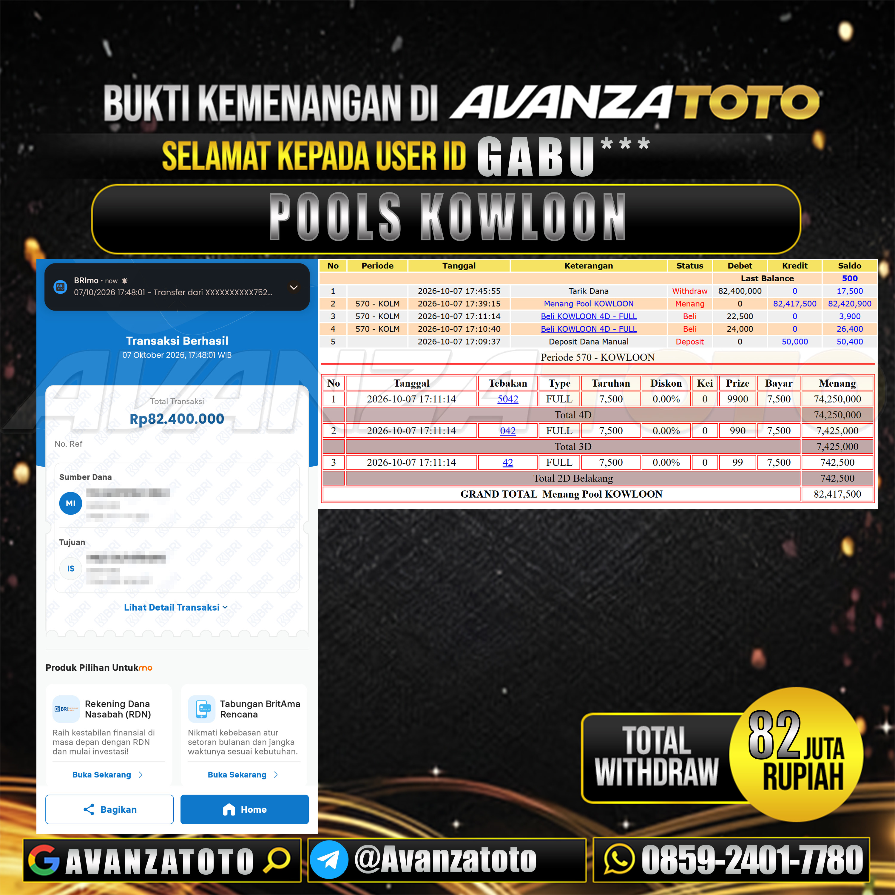 AVANZATOTO JACKPOT TOGEL PASARAN KOWLOON Rp.82.000.000,-LUNAS USER ID : GABU***