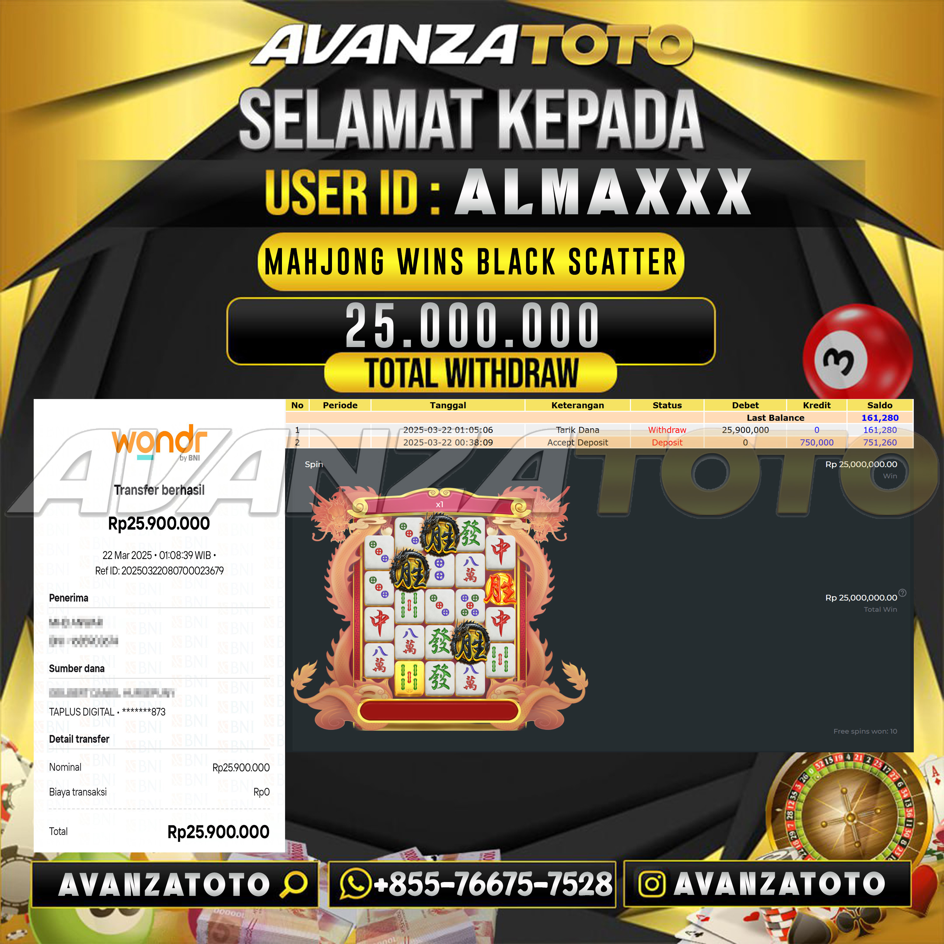 AVANZATOTO JACKPOT  SLOT MAHJONG WINS BLACK SCATTER  Rp. 25.000.000 ,-LUNAS USER ID: ALMA****
