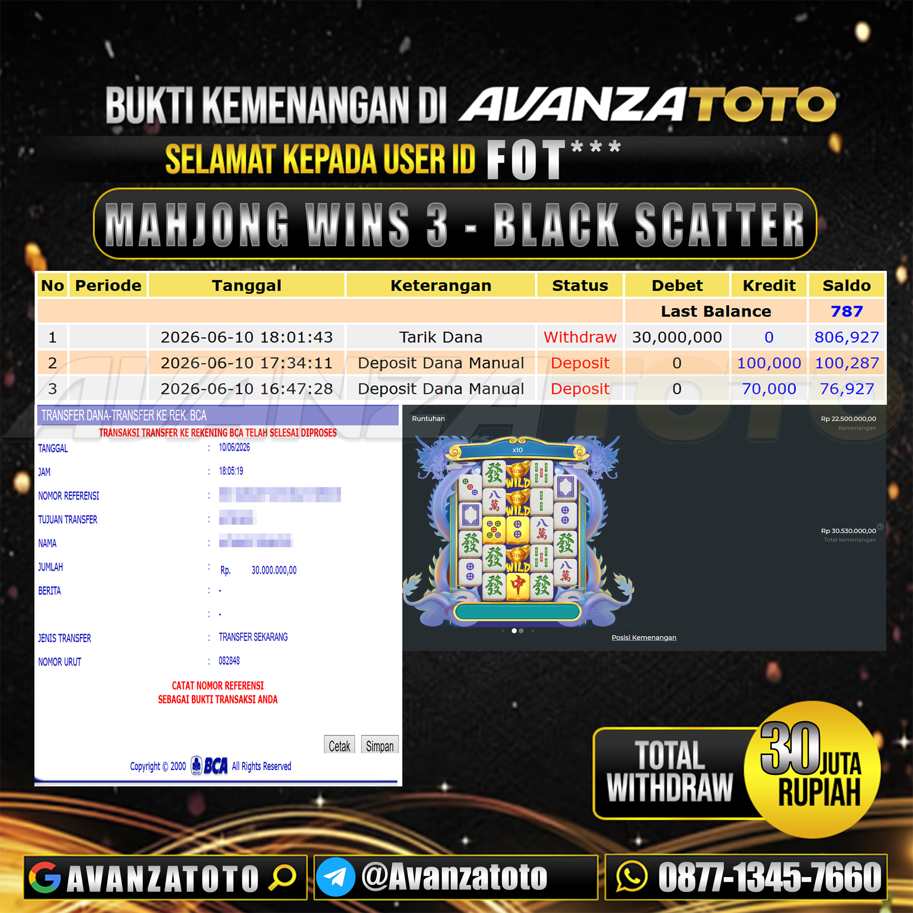 AVANZATOTO JACKPOT SLOT MAHJONG WINS 3 - BLACK SCATTER Rp.30.000.000,-LUNAS USER ID : FOT***