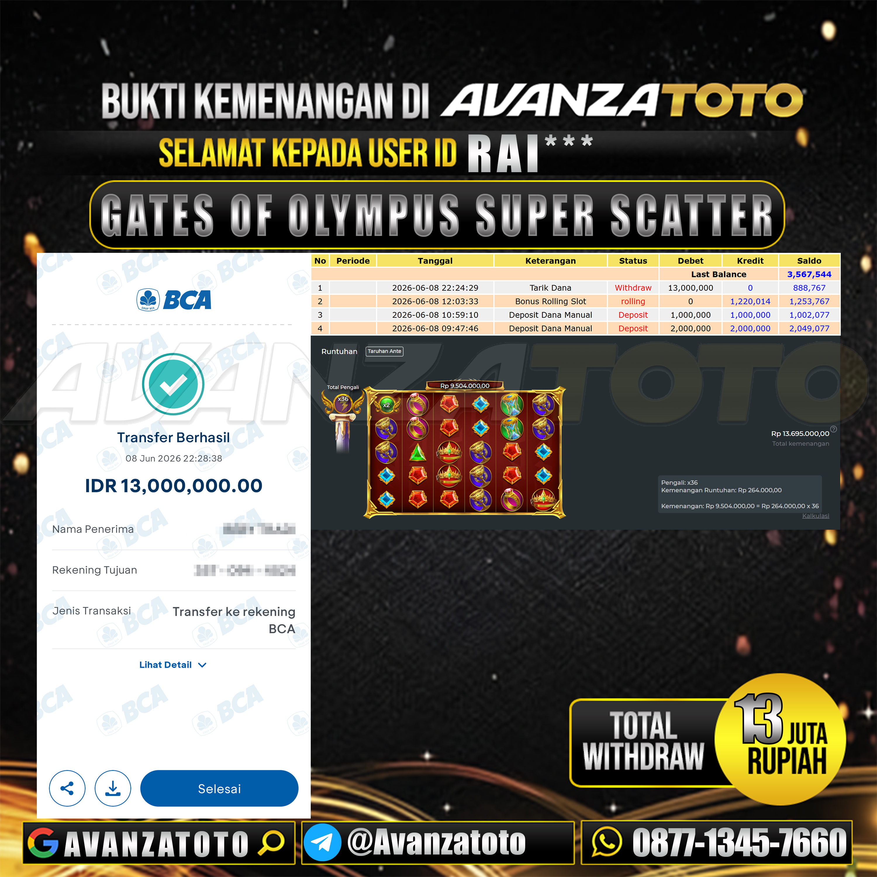 AVANZATOTO JACKPOT SLOT GATES OF OLYMPUS SUPER SCATTER Rp.13.000.000,-LUNAS USER ID : RAI***