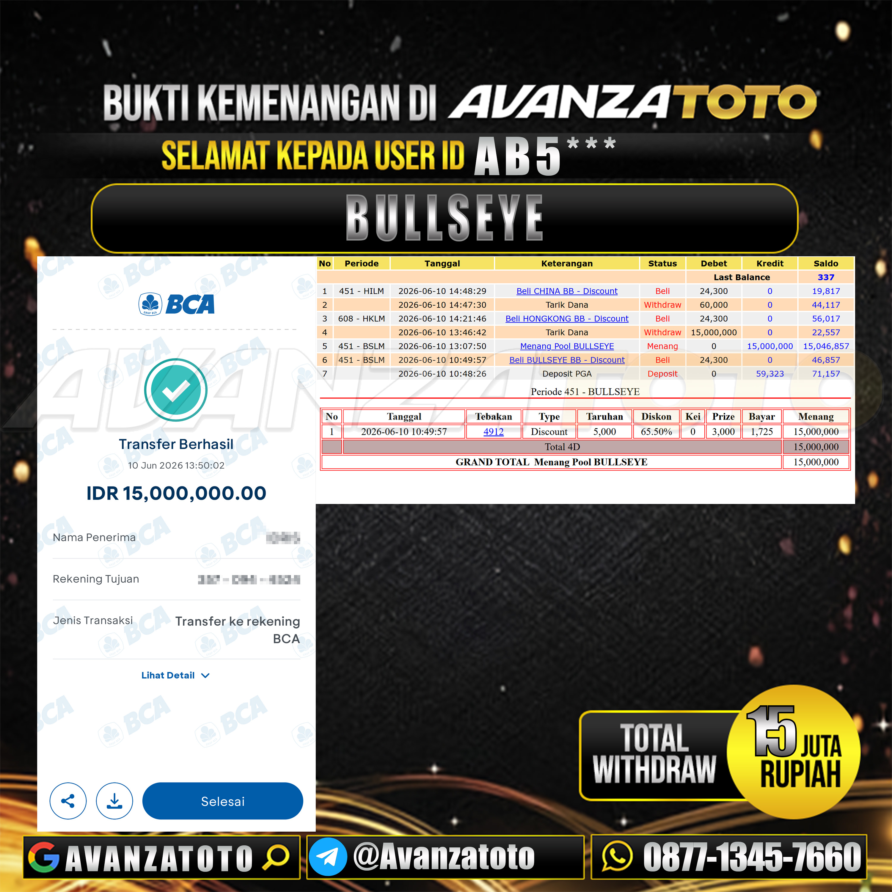 AVANZATOTO JACKPOT TOGEL PASARAN BULLSEYE Rp.15.000.000,-LUNAS USER ID : AB5***