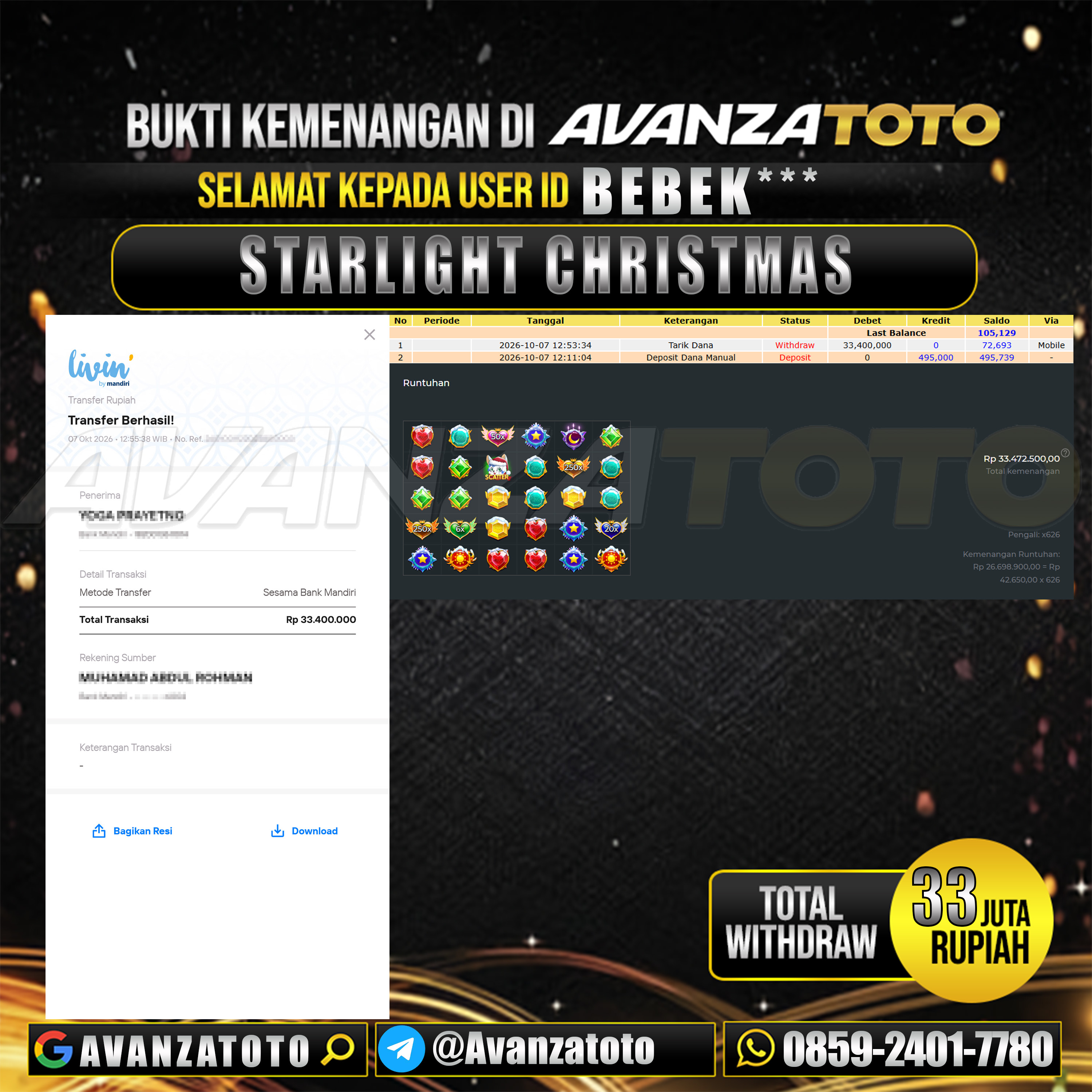 AVANZATOTO JACKPOT SLOT STARLIGHT CHRISTMAS Rp.33.000.000,-LUNAS USER ID : BEBEK***