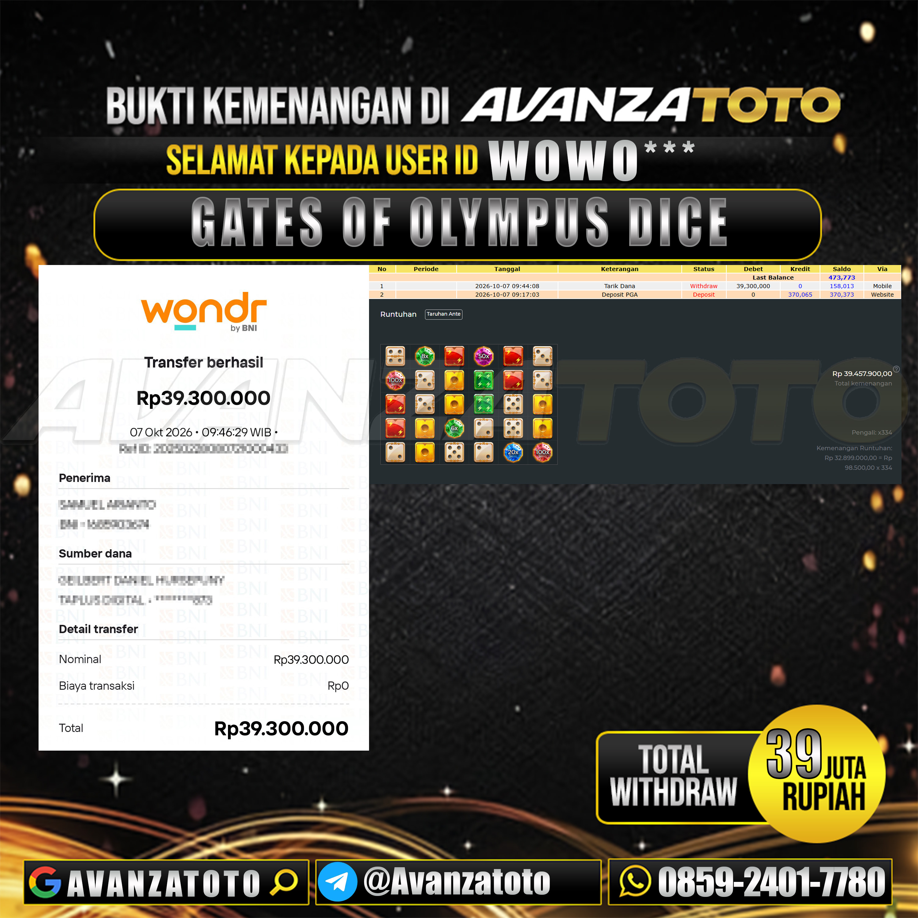 AVANZATOTO JACKPOT SLOT GATES OF OLYMPUS DICE Rp.39.000.000,-LUNAS USER ID : WOWO***