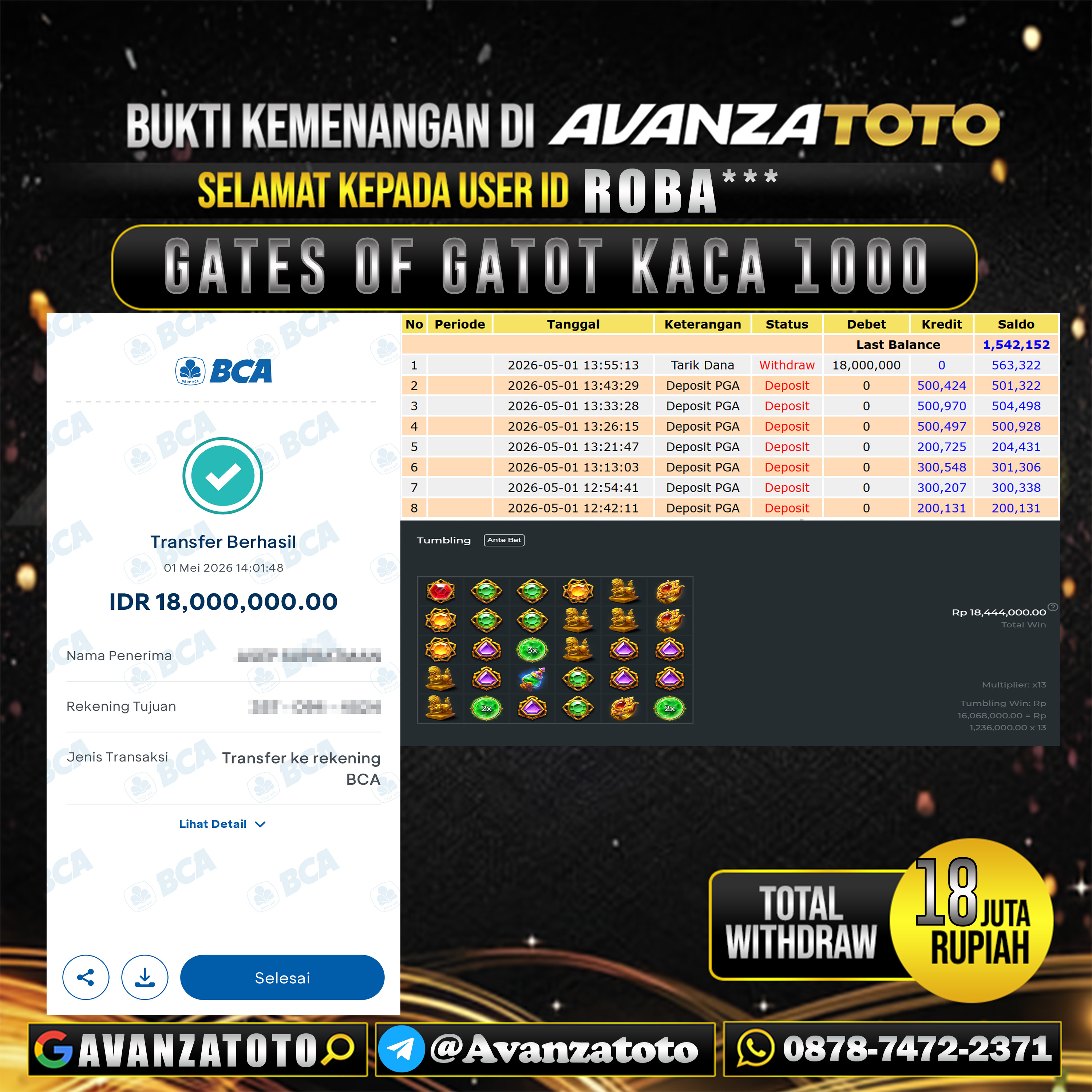 AVANZATOTO JACKPOT SLOT GATES OF GATOT KACA 1000 Rp.18.000.000,-LUNAS USER ID : ROBA*** 