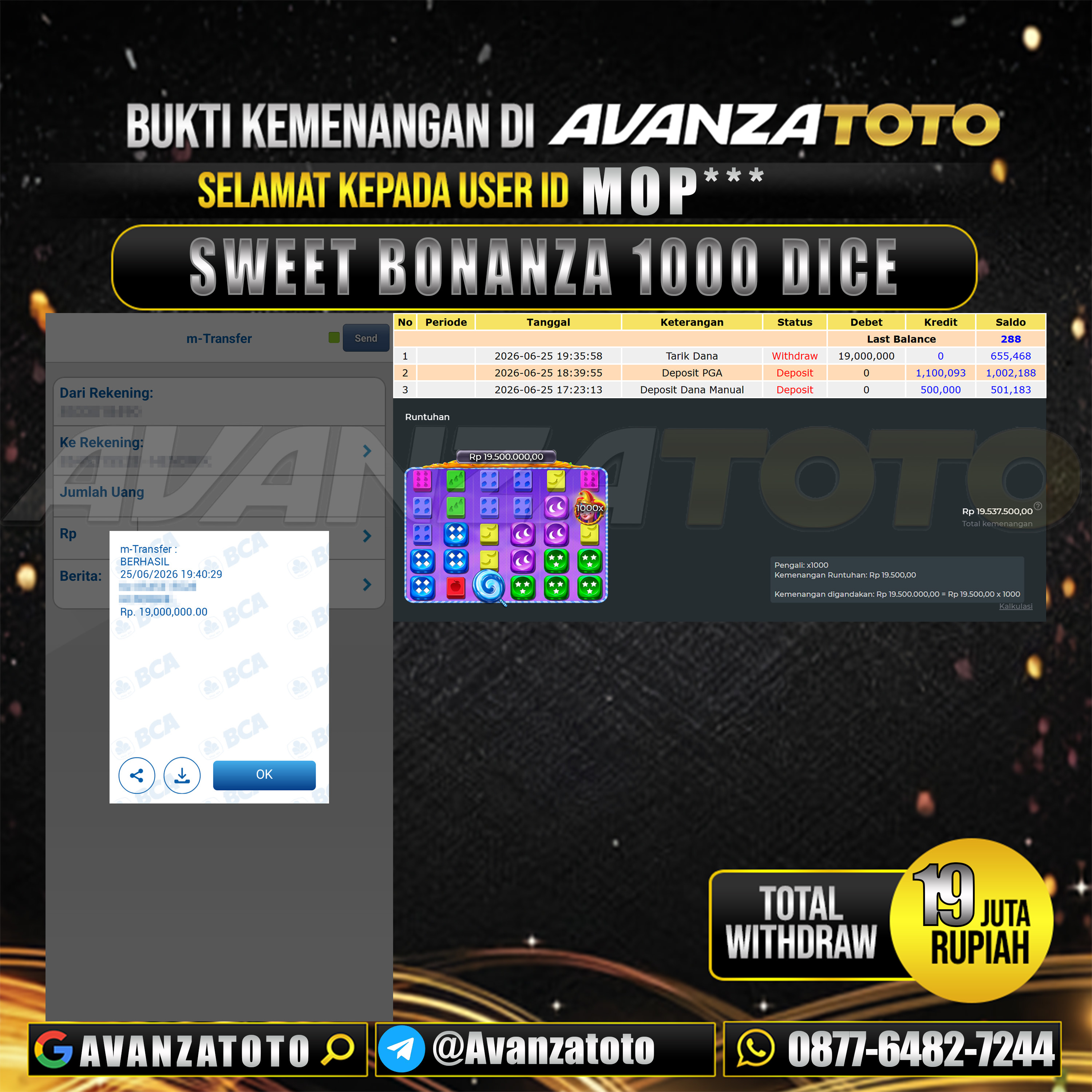 AVANZATOTO JACKPOT SLOT SWEET BONANZA 1000 DICE Rp.19.000.000,-LUNAS USER ID : MOP***