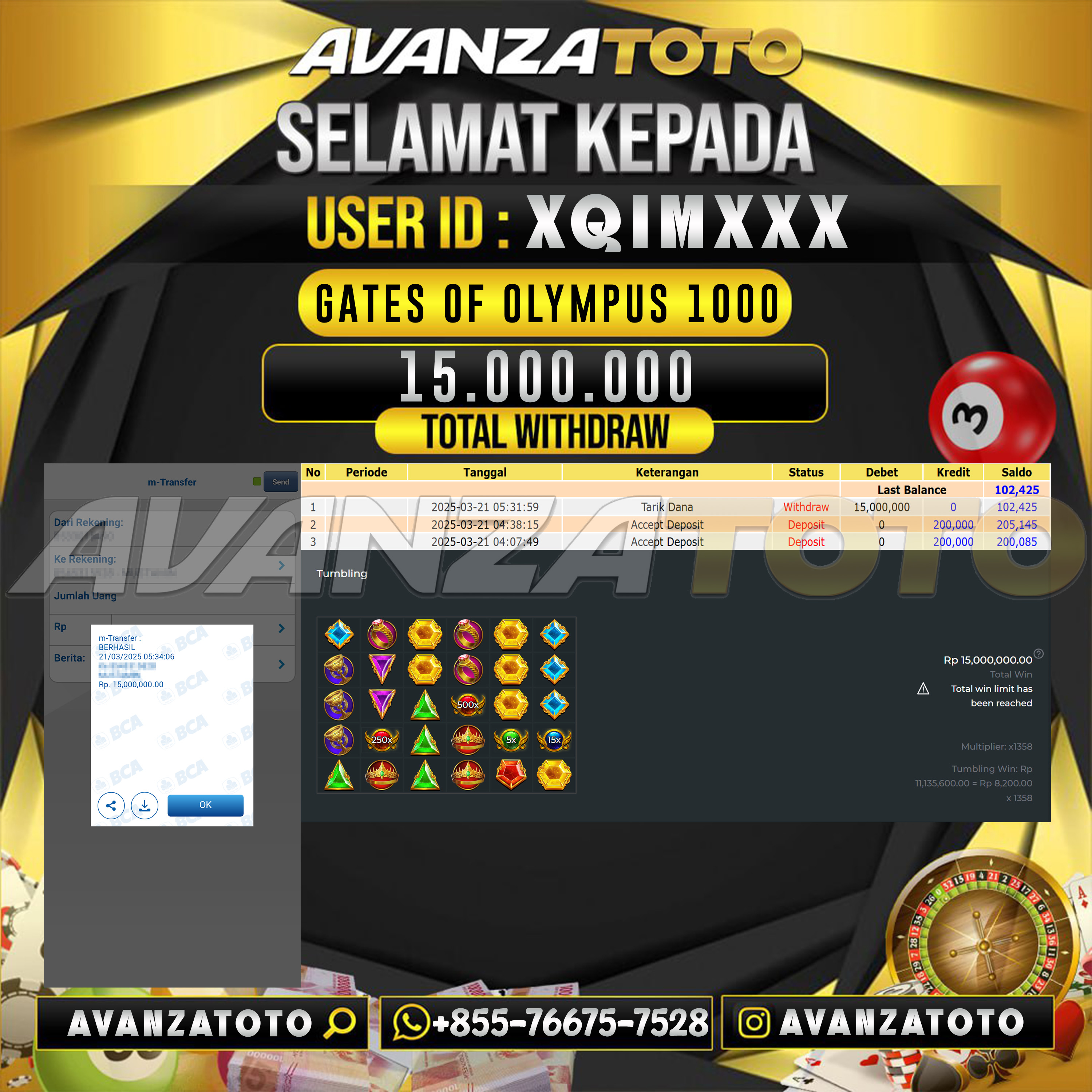 AVANZATOTO JACKPOT  SLOT GATES OF OLYMPUS 1000 Rp. 15.000.000 ,-LUNAS USER ID: XQIM***