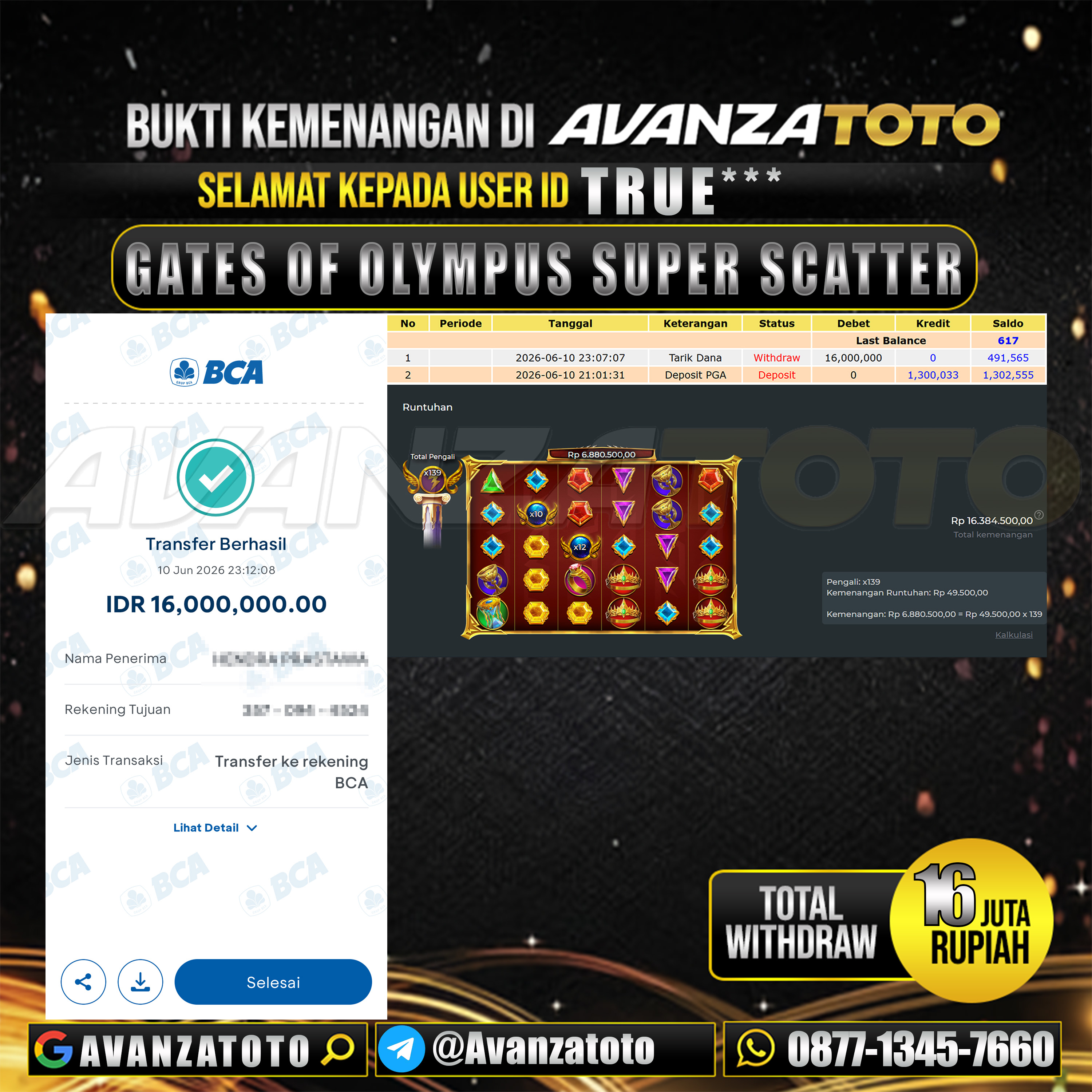 AVANZATOTO JACKPOT SLOT GATES OF OLYMPUS SUPER SCATTER Rp.16.000.000,-LUNAS USER ID : TRUE***