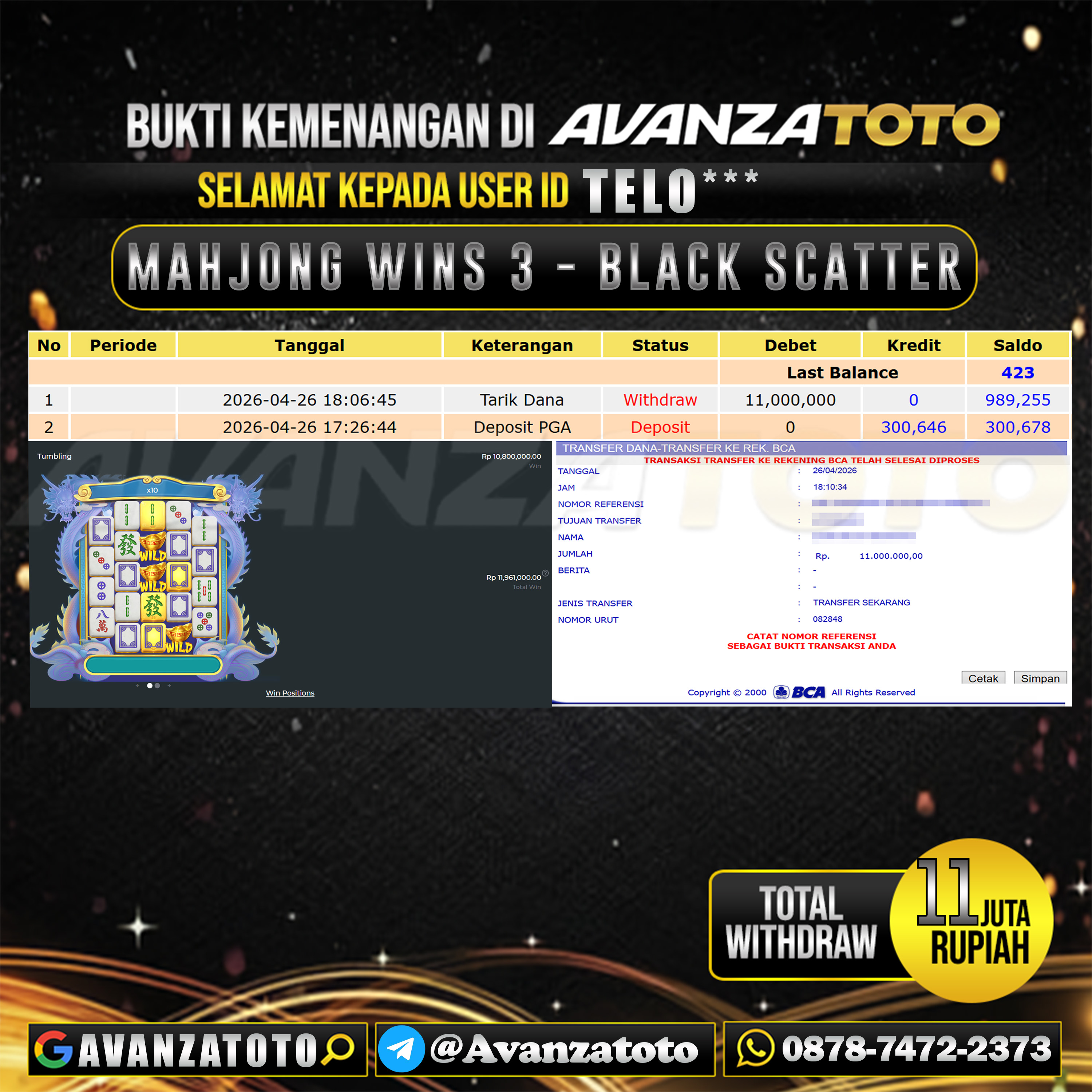 AVANZATOTO JACKPOT SLOT MAHJONG WINS 3 - BLACK SCATTER Rp.11.000.000,-LUNAS USER ID : TELO*** 
