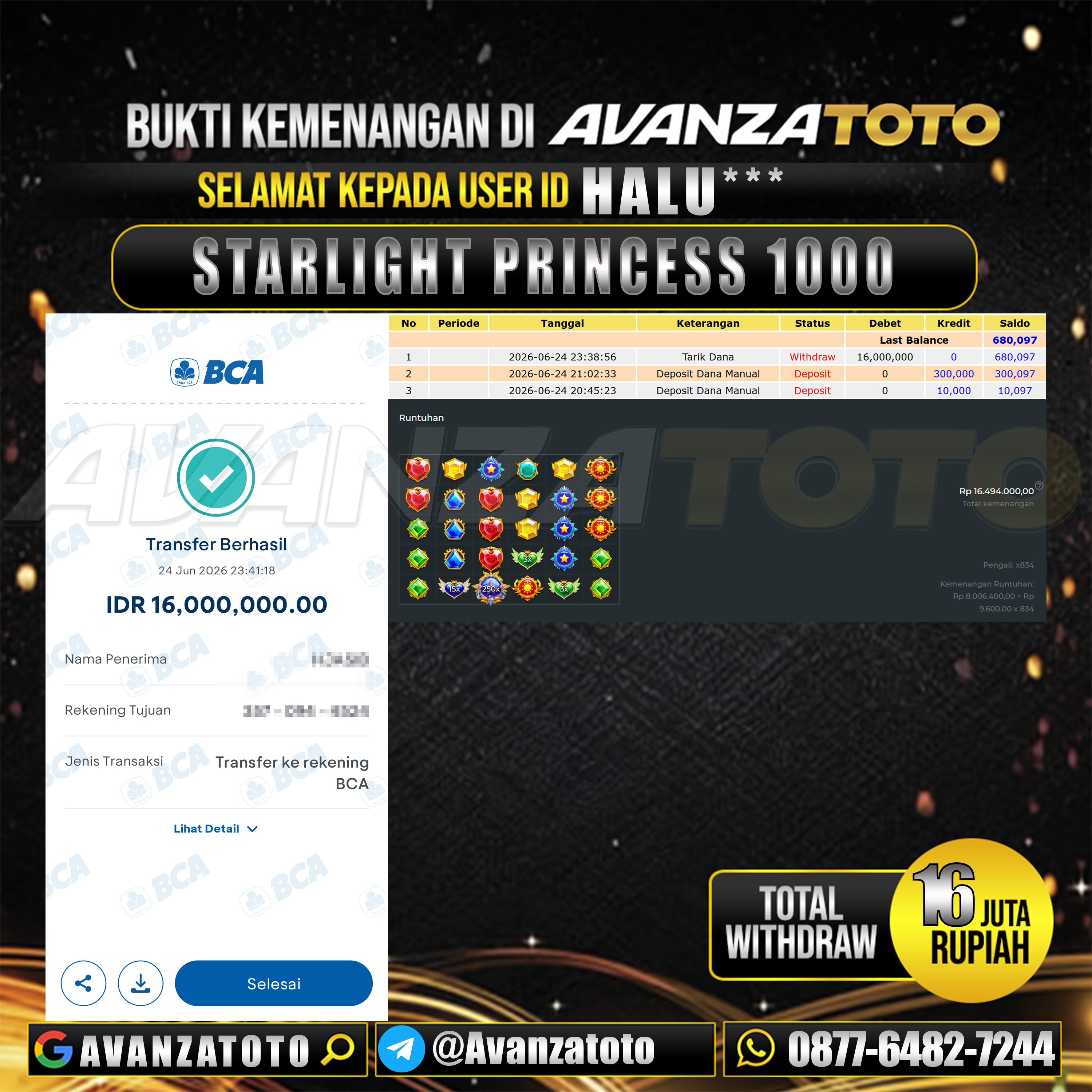 AVANZATOTO JACKPOT SLOT STARLIGHT PRINCESS 1000 Rp.16.000.000,-LUNAS USER ID : HALU***