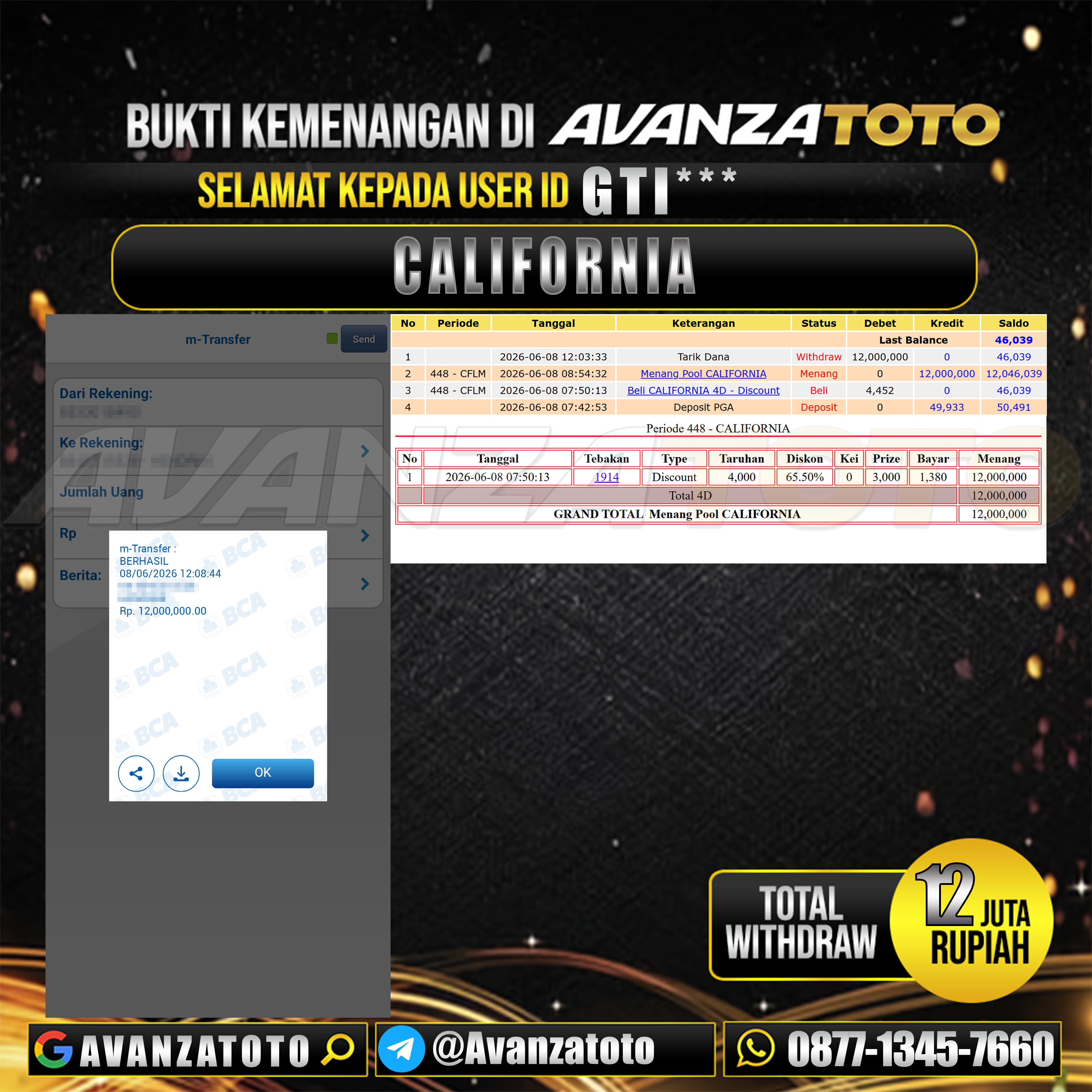AVANZATOTO JACKPOT TOGEL PASARAN CALIFORNIA Rp.12.000.000,-LUNAS USER ID : GTI***
