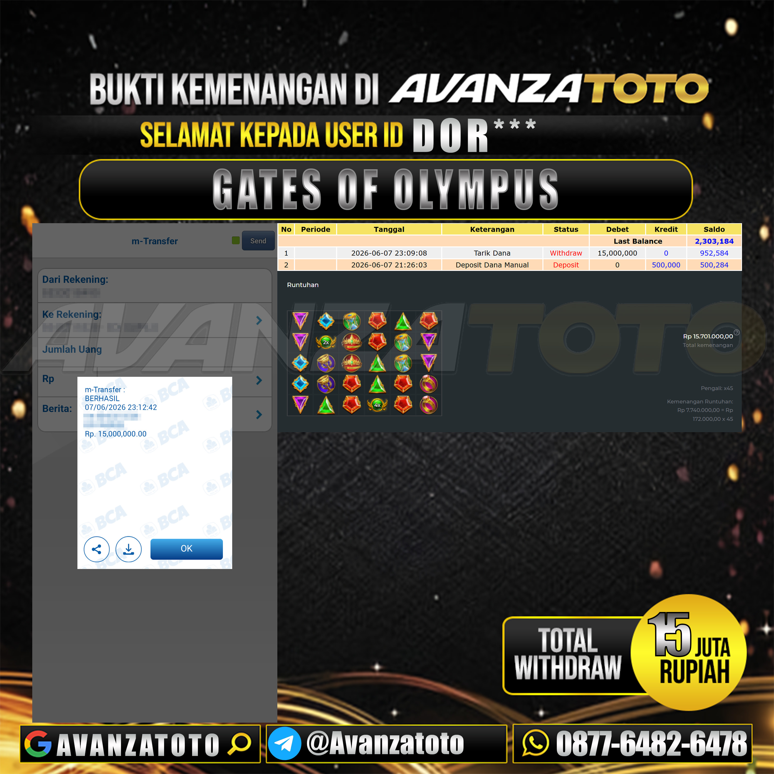 AVANZATOTO JACKPOT SLOT GATES OF OLYMPUS Rp.15.000.000,-LUNAS USER ID : DOR***