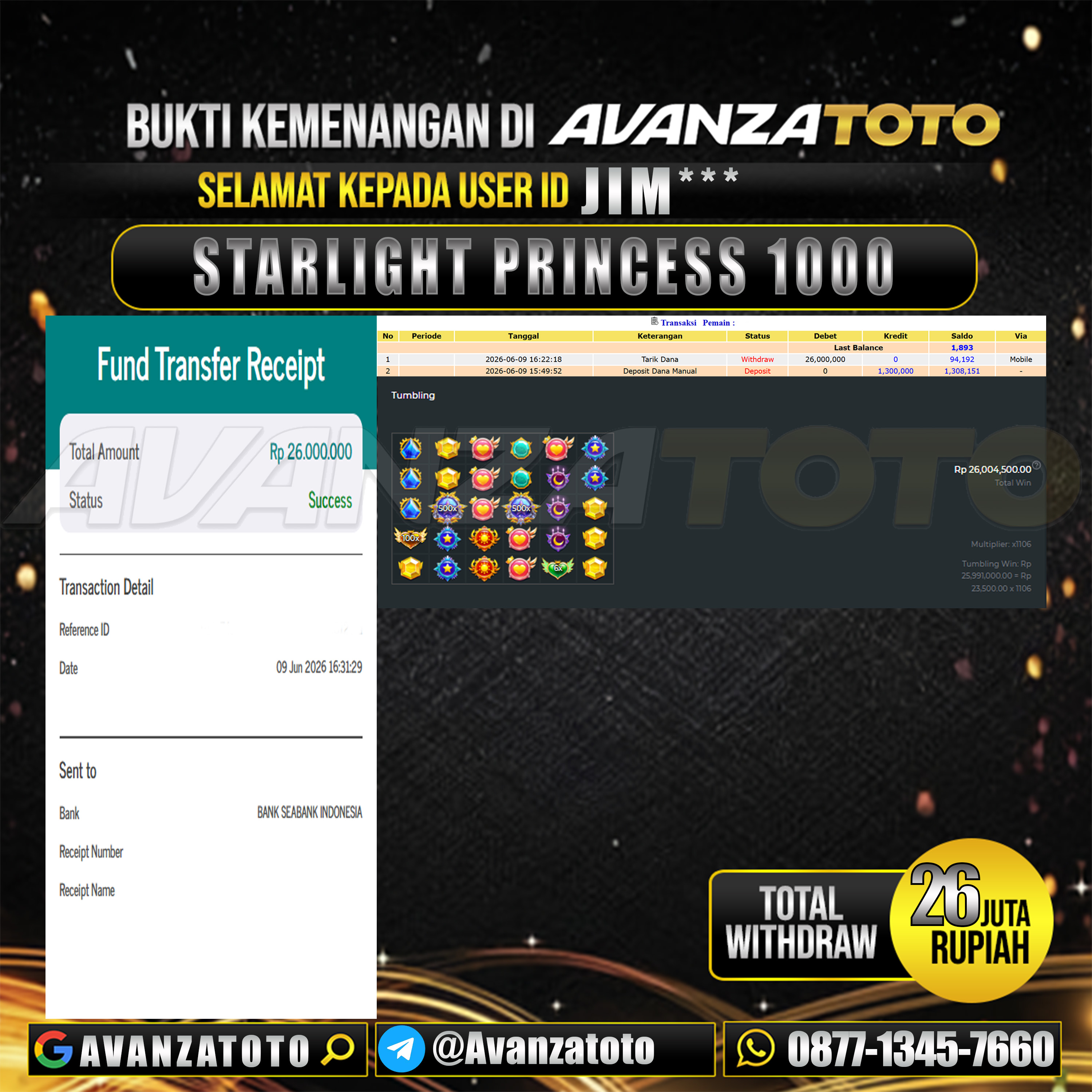 AVANZATOTO JACKPOT SLOT STARLIGHT PRINCESS 1000 Rp.26.000.000,-LUNAS USER ID : JIM***