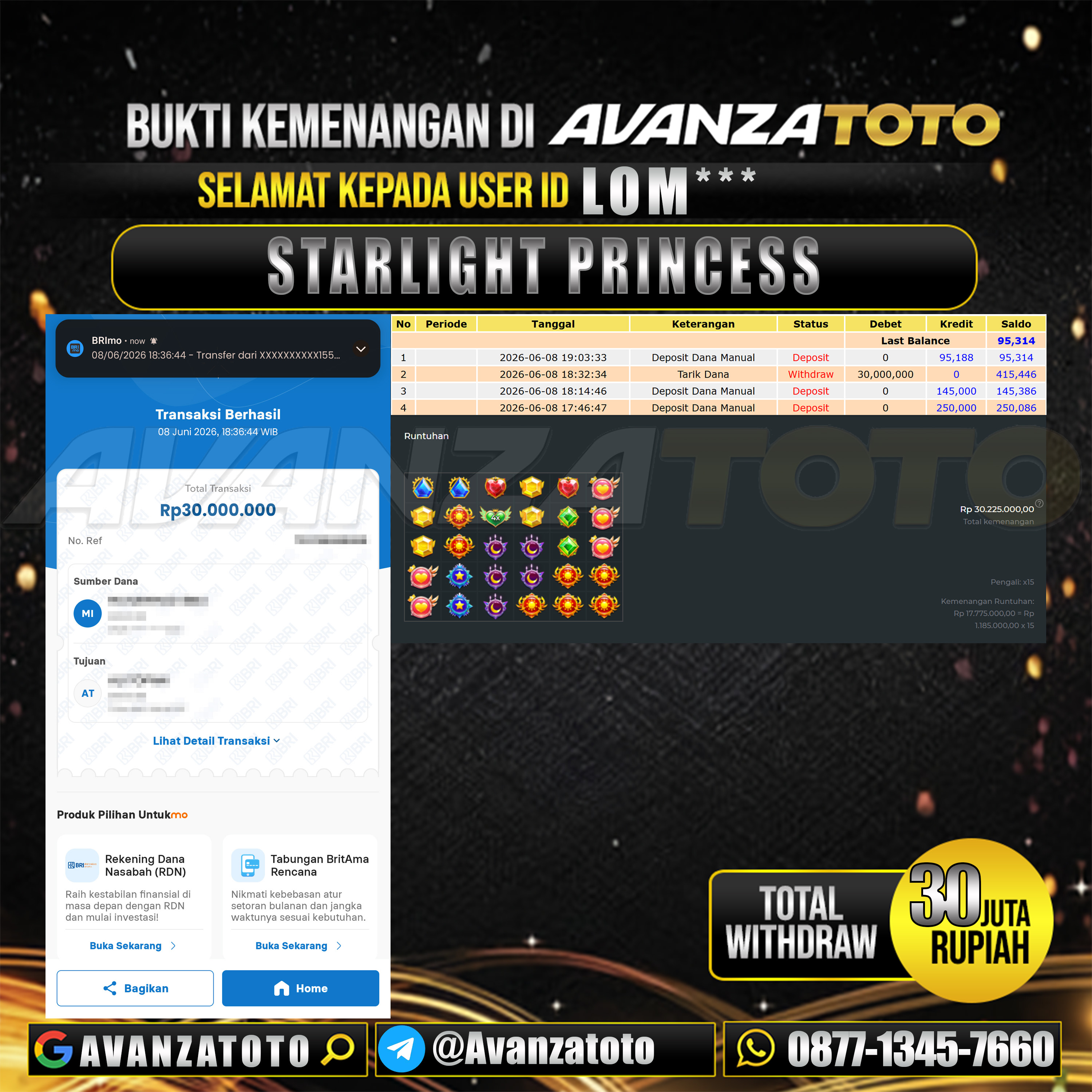 AVANZATOTO JACKPOT SLOT STARLIGHT PRINCESS Rp.30.000.000,-LUNAS USER ID : LOM***