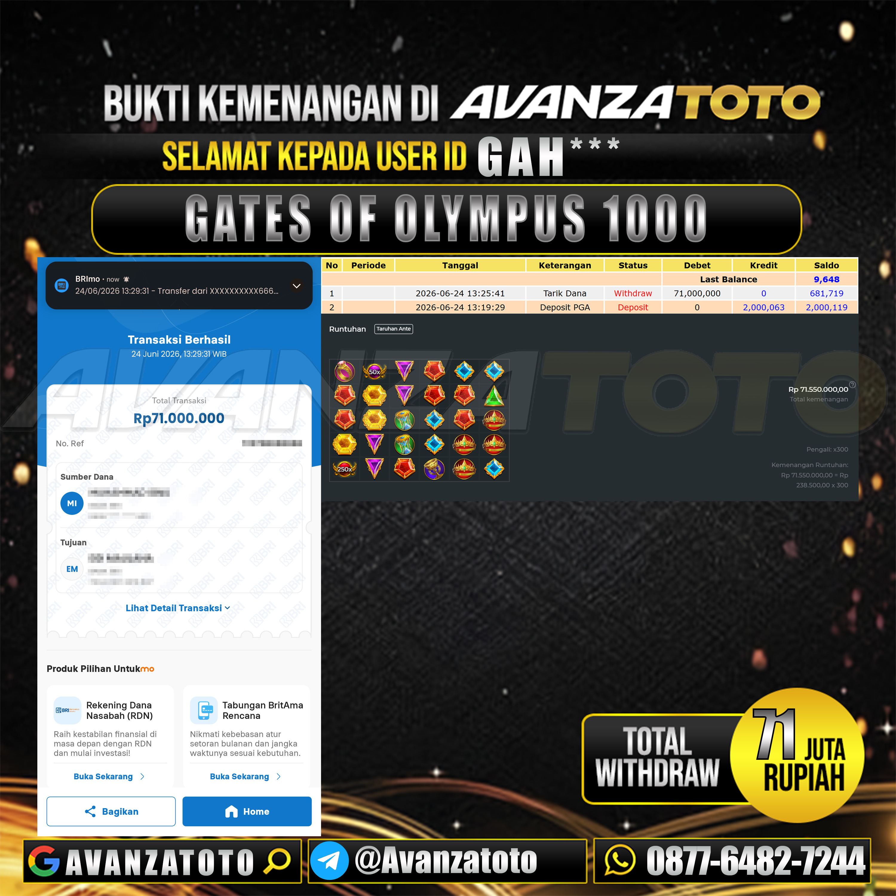 AVANZATOTO JACKPOT SLOT GATES OF OLYMPUS 1000 Rp.71.000.000,-LUNAS USER ID : GAH***