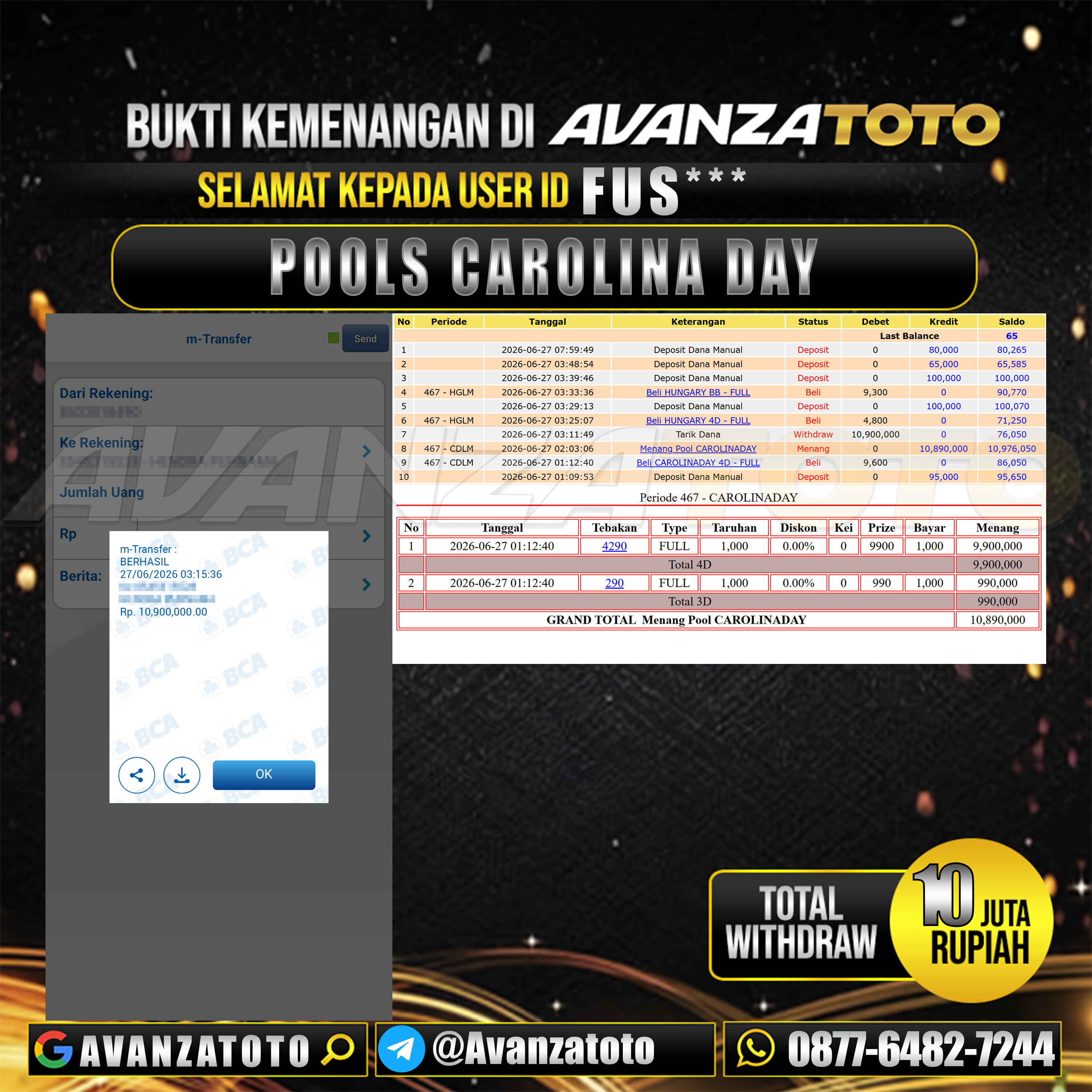 AVANZATOTO JACKPOT TOGEL PASARAN CAROLINA DAY Rp.10.000.000,-LUNAS USER ID : FUS***